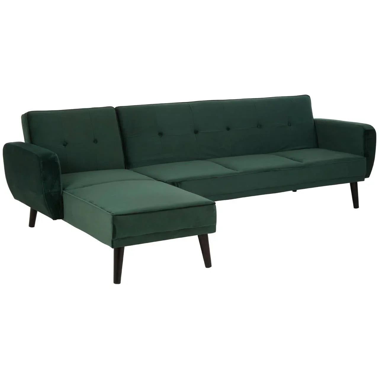Green velvet corner sofa with chaise and button tufted back, angled wooden legs