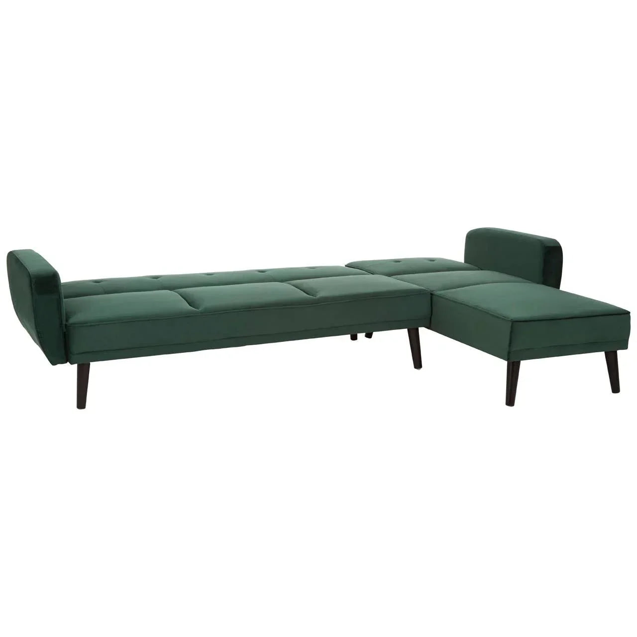 Green velvet corner sofa bed with wooden legs shown fully extended