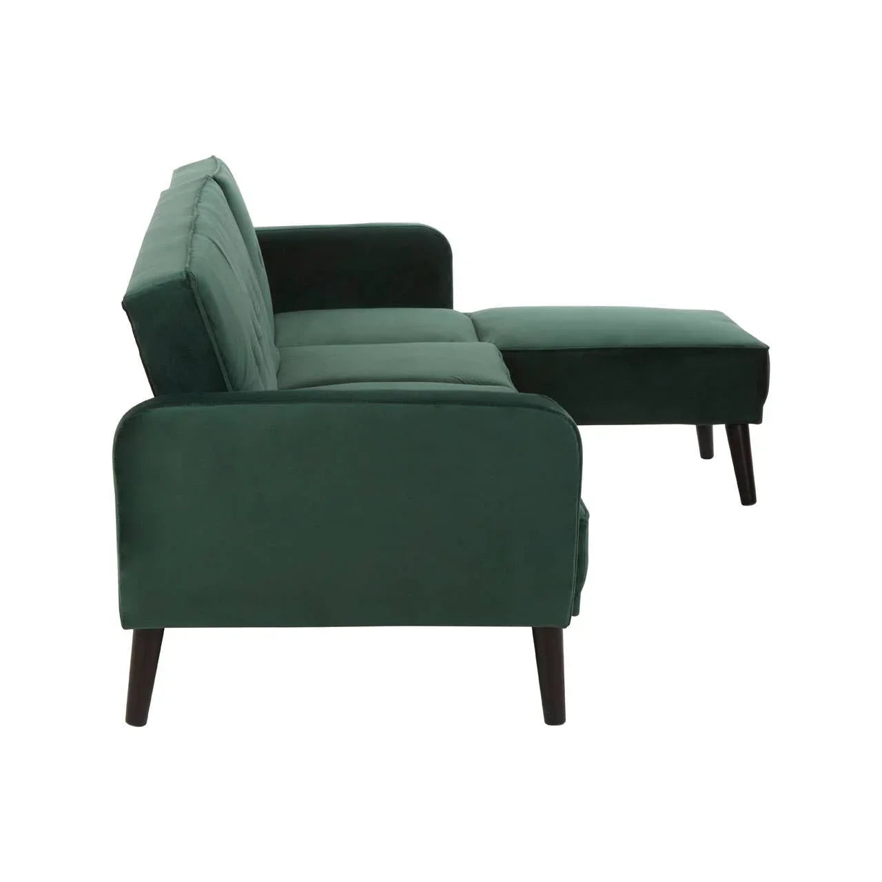 Side view of green velvet corner sofa with chaise and dark wooden legs