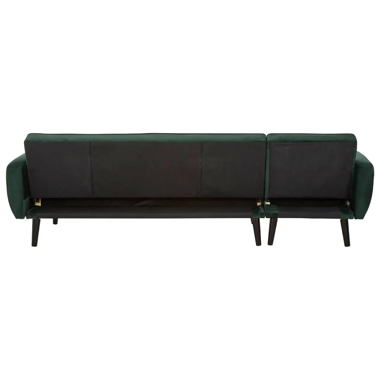 Back view of green velvet sofa with split backrest and black legs