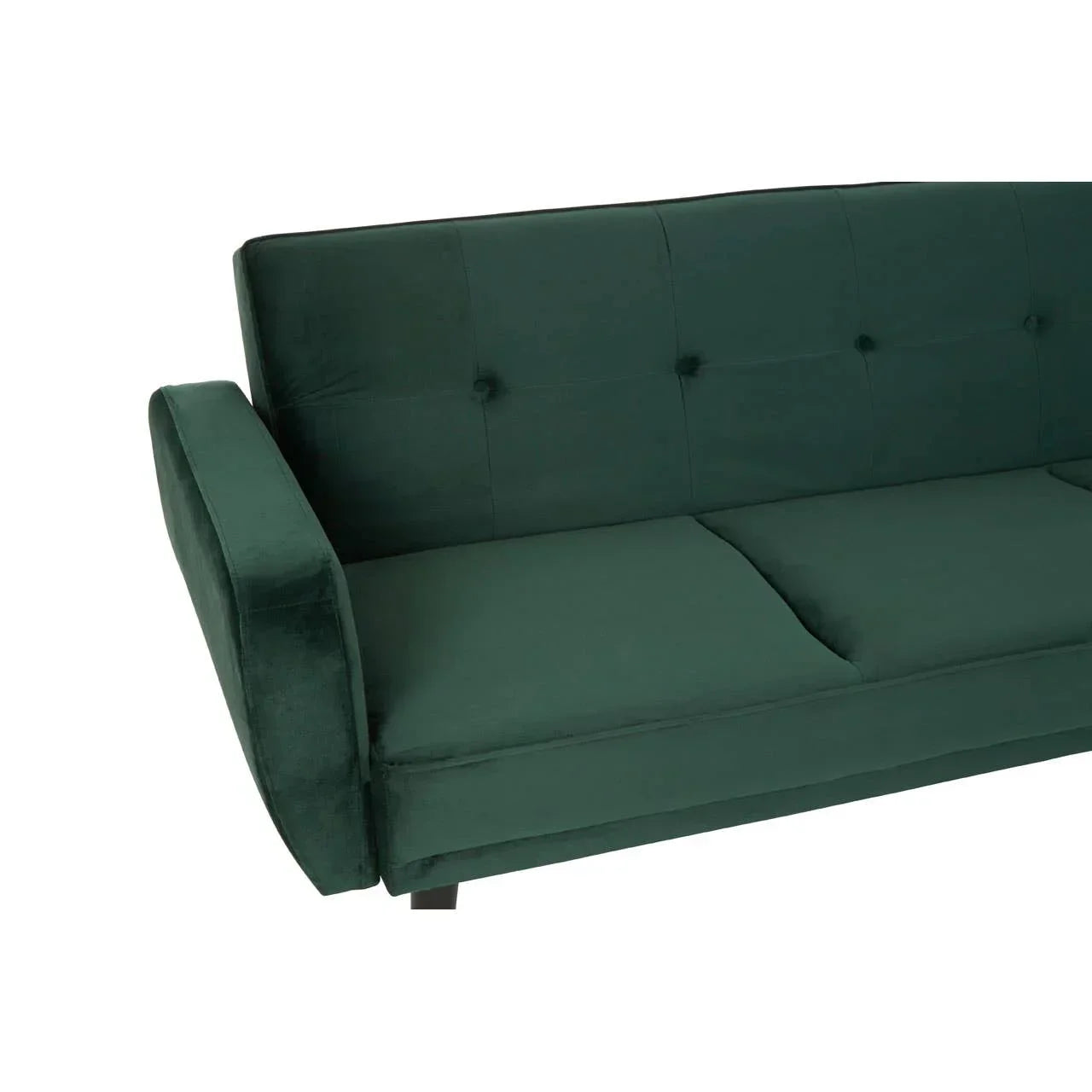 Green velvet sofa with button-tufted backrest and left armrest, close-up view