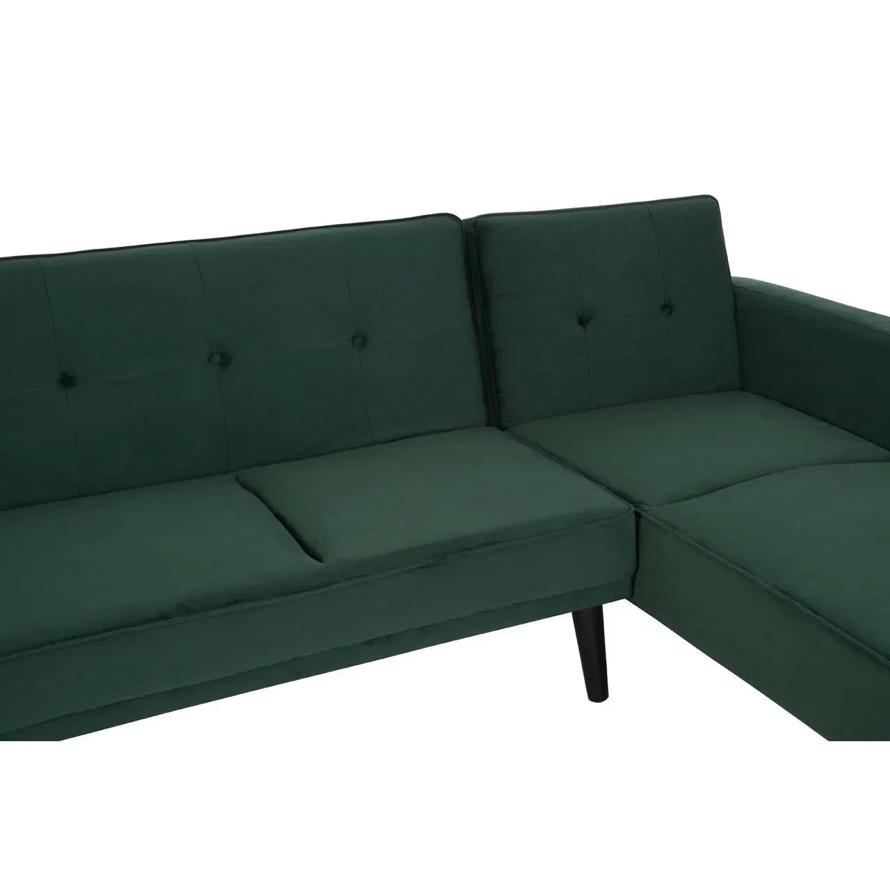 Dark green L-shaped fabric sofa with button-tufted backrest and angled wooden legs