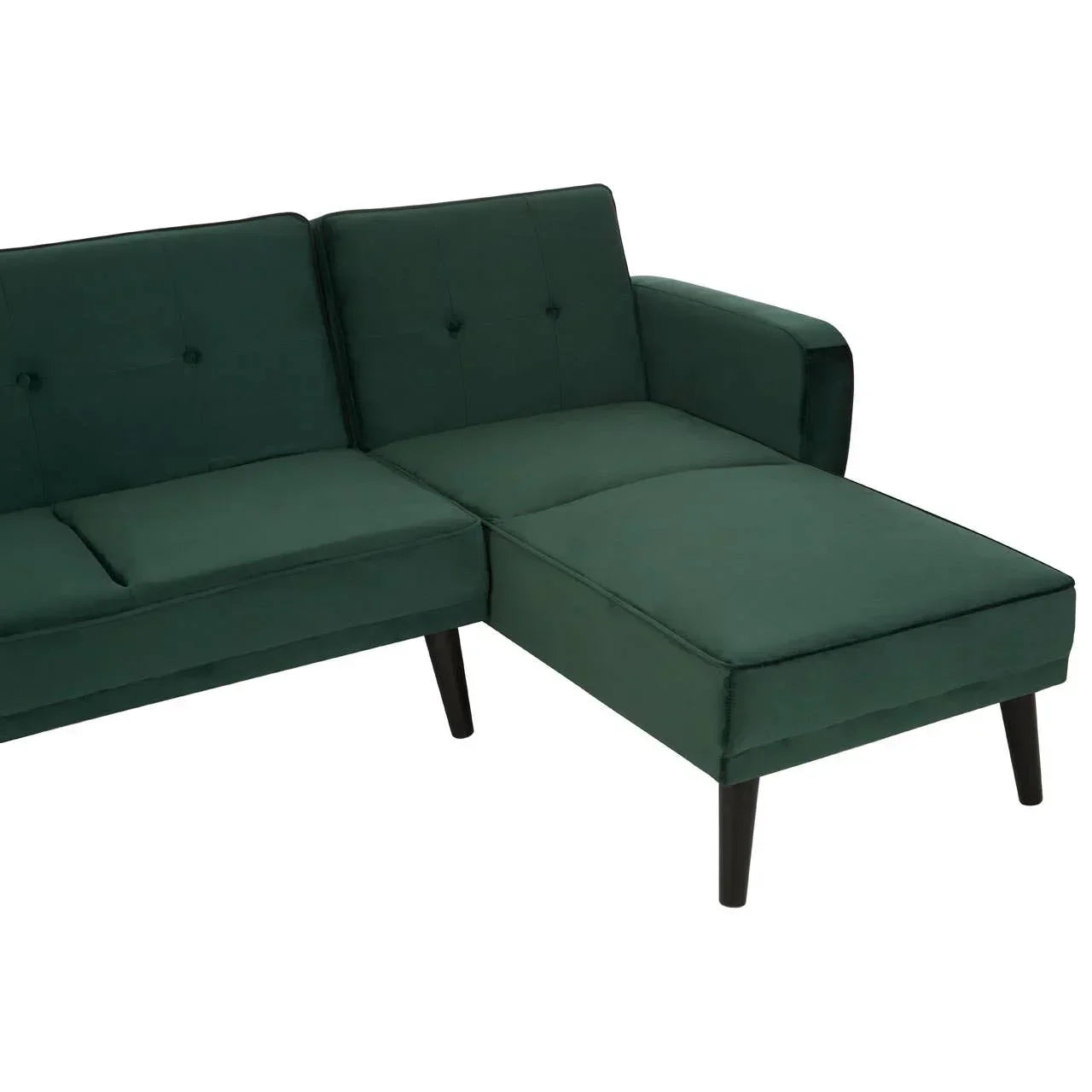 Green velvet corner sofa with chaise lounge and black legs, front angle view
