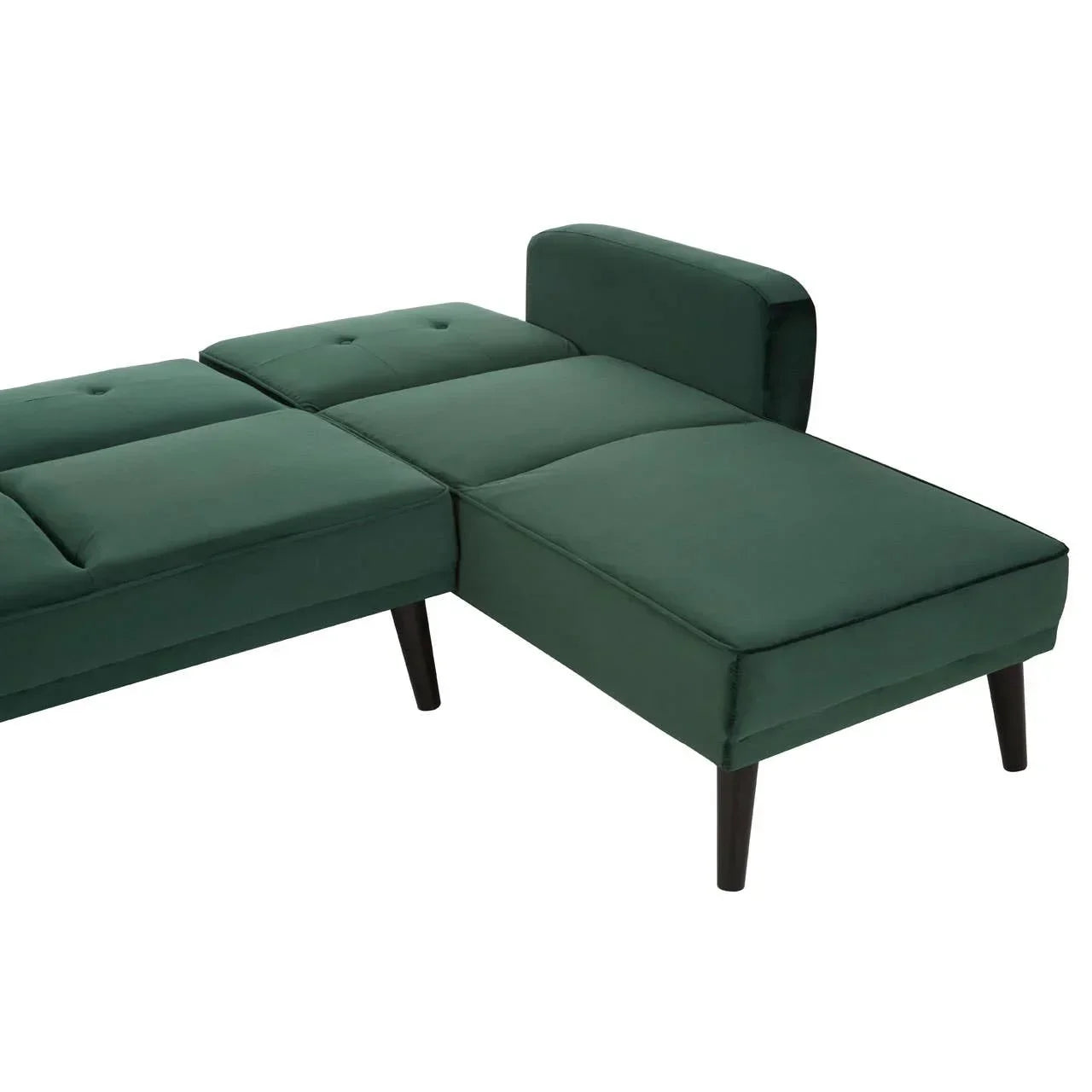 Green velvet chaise sofa with wooden legs and button detail, side angle view