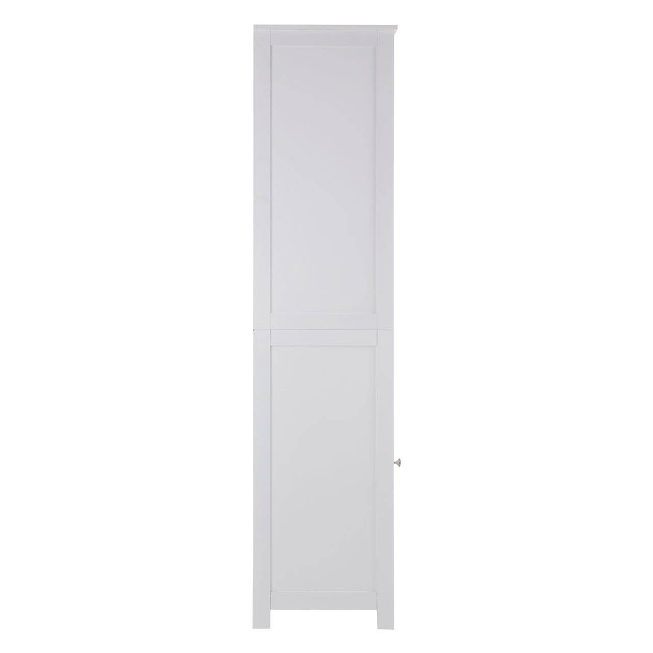 Tall, narrow white cabinet with a single door and a sleek design, featuring a smooth surface and minimalistic style, suitable for home storage