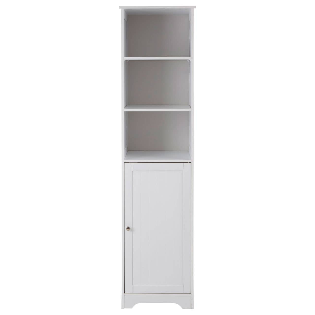 Tall white cabinet featuring three open shelves at the top and a single closed door at the bottom, designed for storage and organization. The cabinet has a sleek, modern appearance with a minimalist style