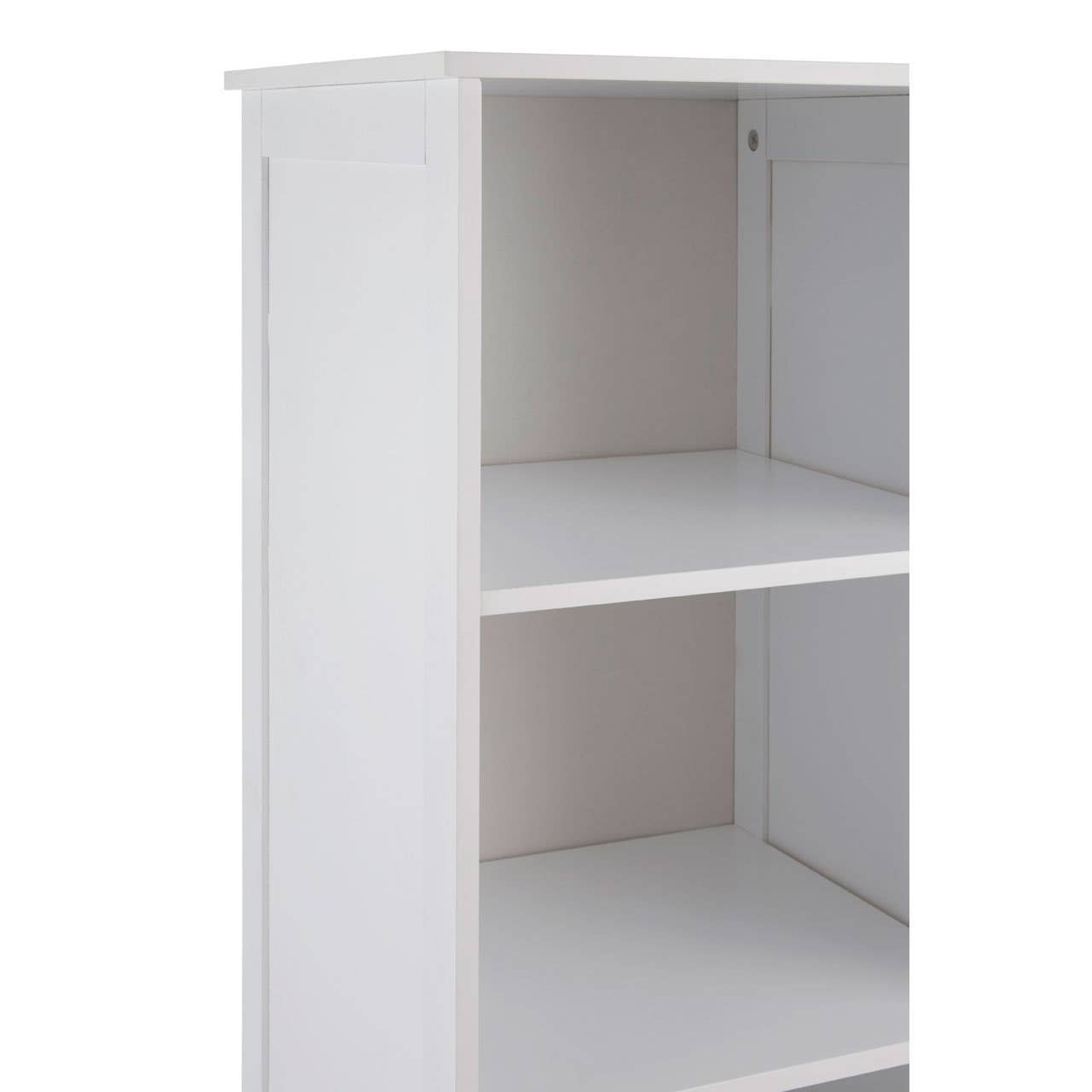 White single door cabinet with two open shelves and a smooth finish, featuring a minimalist design and clean lines. The cabinet has a simple door on the right side, providing a modern look suitable for various home decor styles