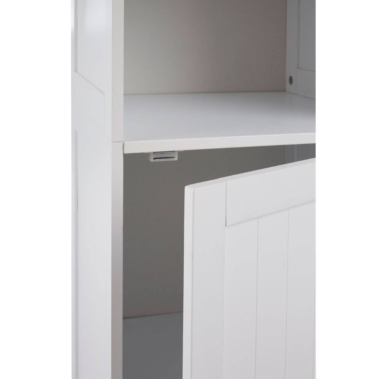 White single door cabinet with a smooth finish, featuring a shelf inside and a minimalist design. The cabinet door is closed, and the interior is visible through the open space above the shelf