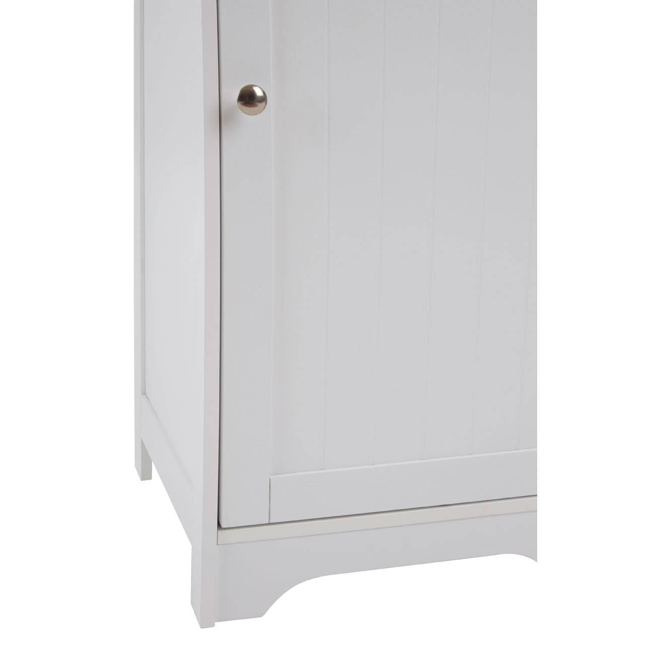 White single door cabinet with a smooth finish, featuring a round gold knob and slightly curved legs, showcasing a minimalist design suitable for home decor