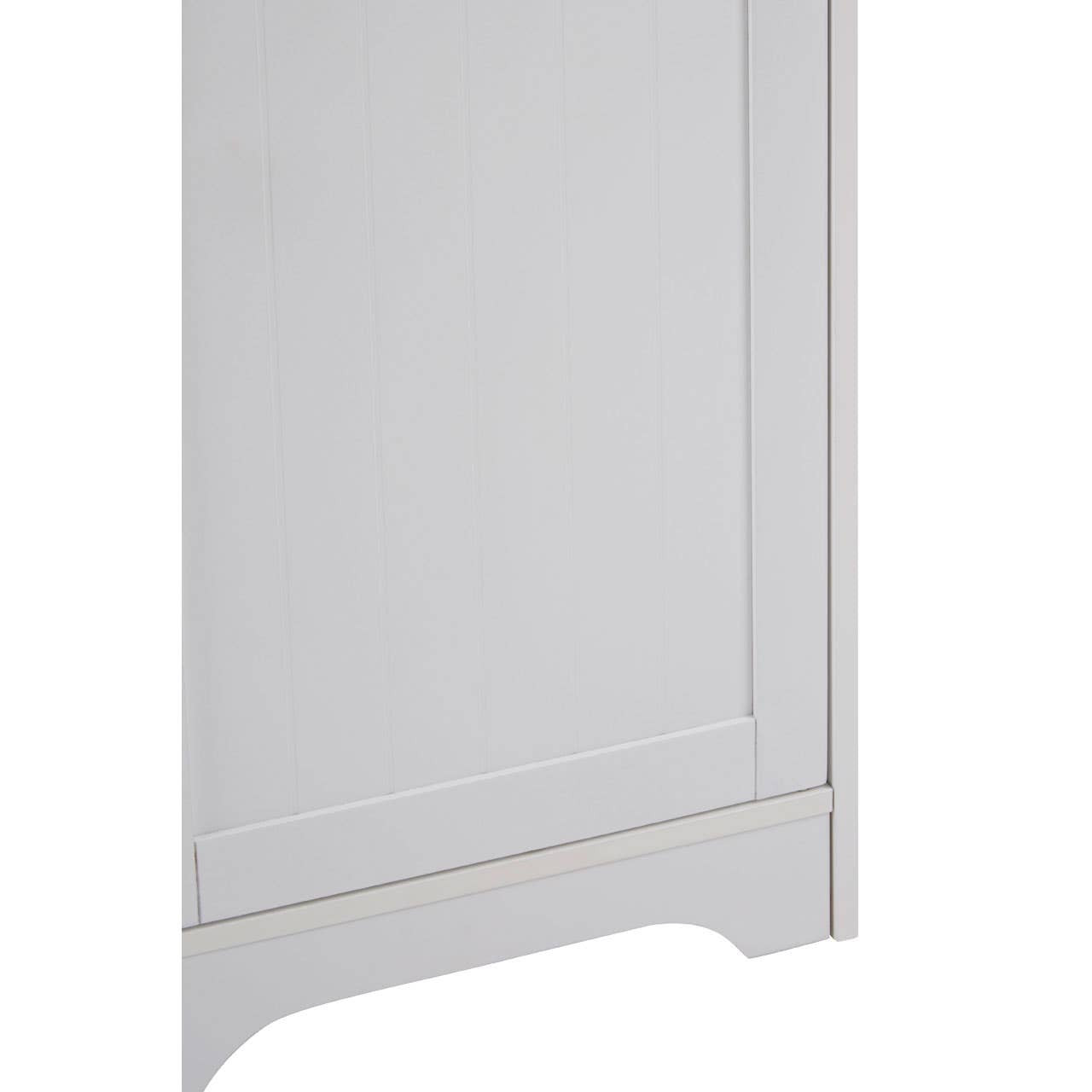 A close-up view of the Portern Single Door Cabinet, featuring a smooth white finish, a single door with a simple panel design, and a slightly curved base. The cabinet has a minimalist aesthetic, suitable for various home decor styles