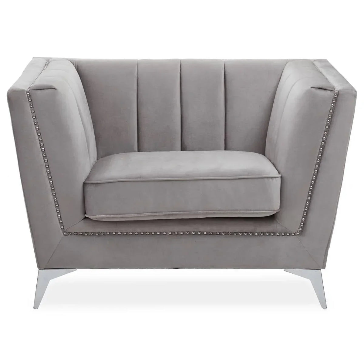 Grey velvet sofa armchair with studded trim and chrome legs, front view