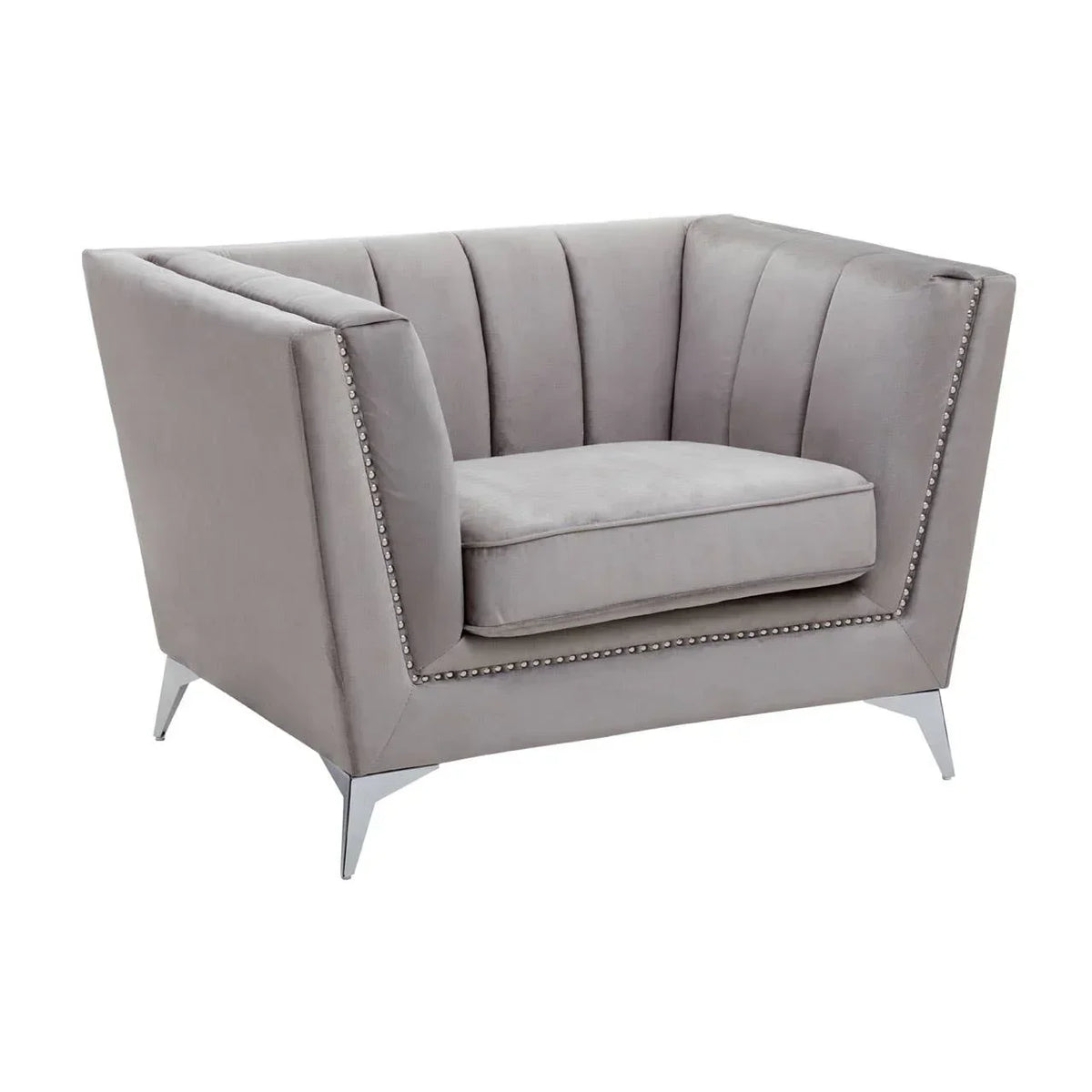 Grey velvet armchair with studded trim and metal legs, angled front view