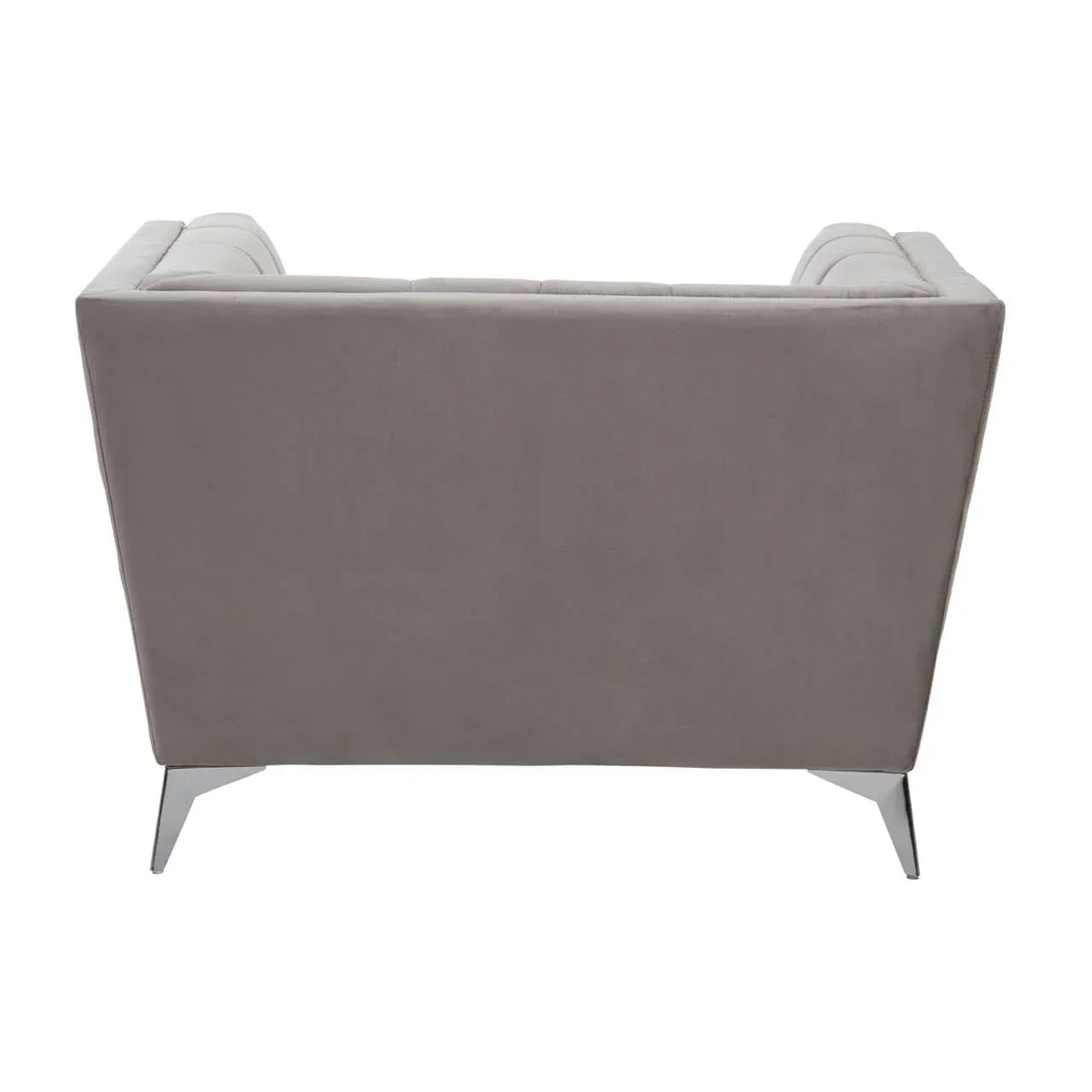 Rear view of grey velvet sofa with chrome legs on white background