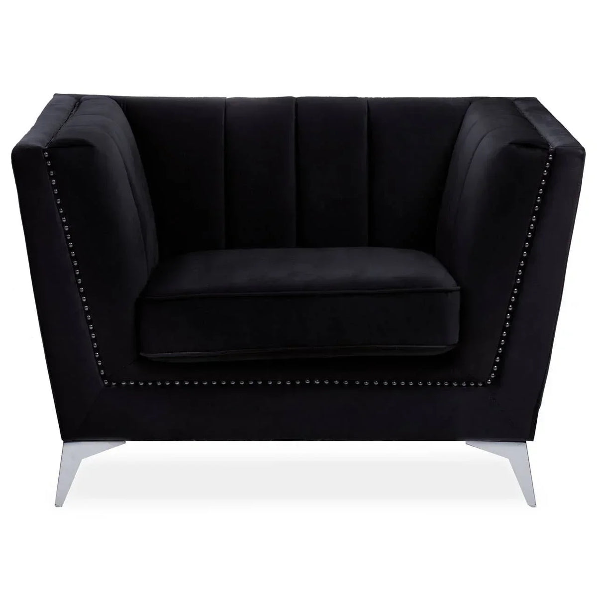 Black velvet armchair with chrome legs and studded trim, front view