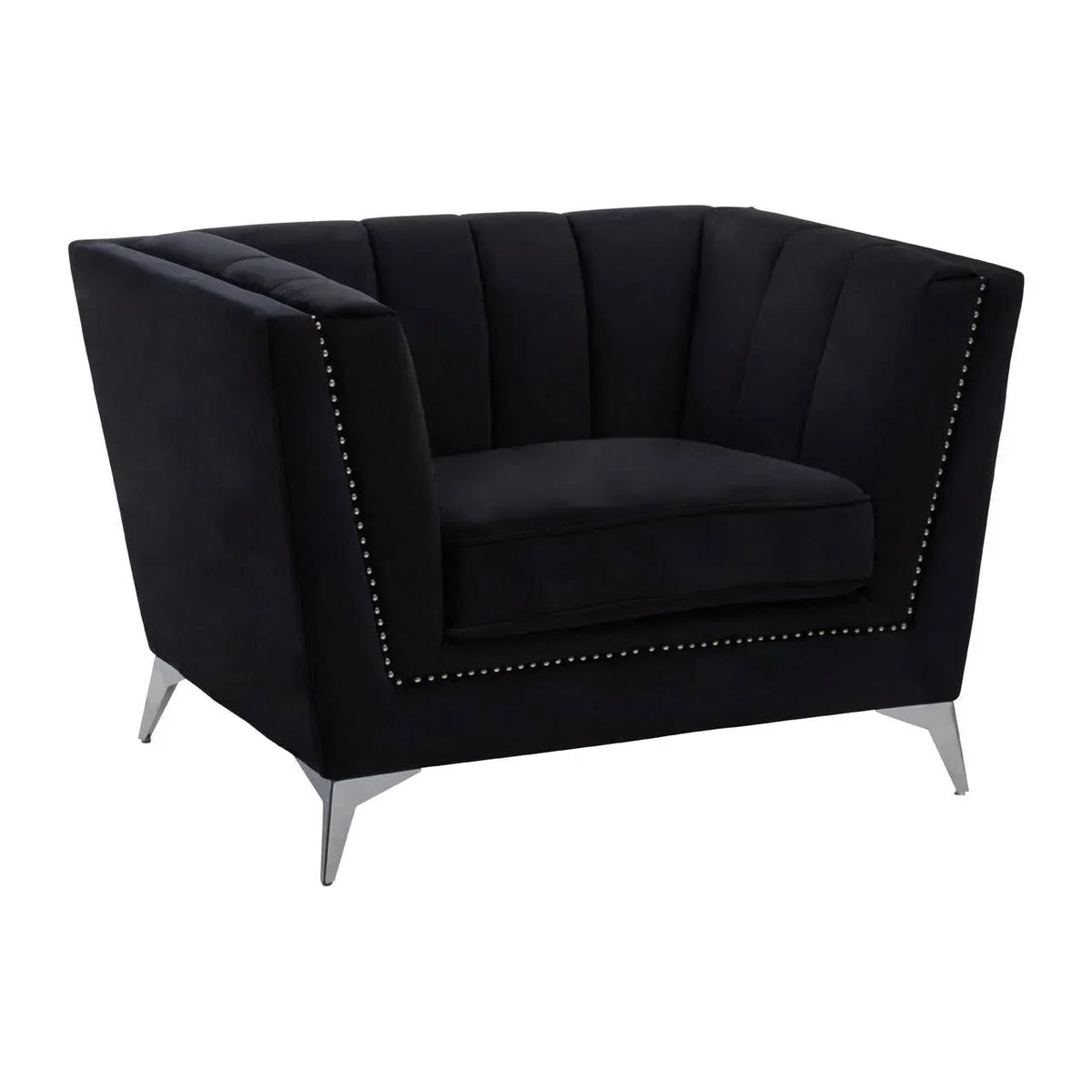 Black velvet armchair with silver stud trim and angled metal legs, front angle view