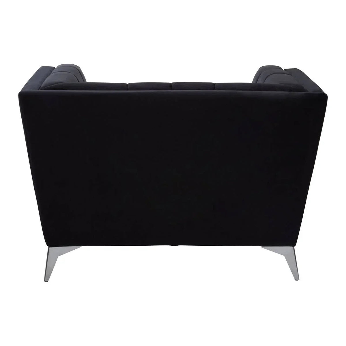 Back view of black velvet sofa with angled chrome legs