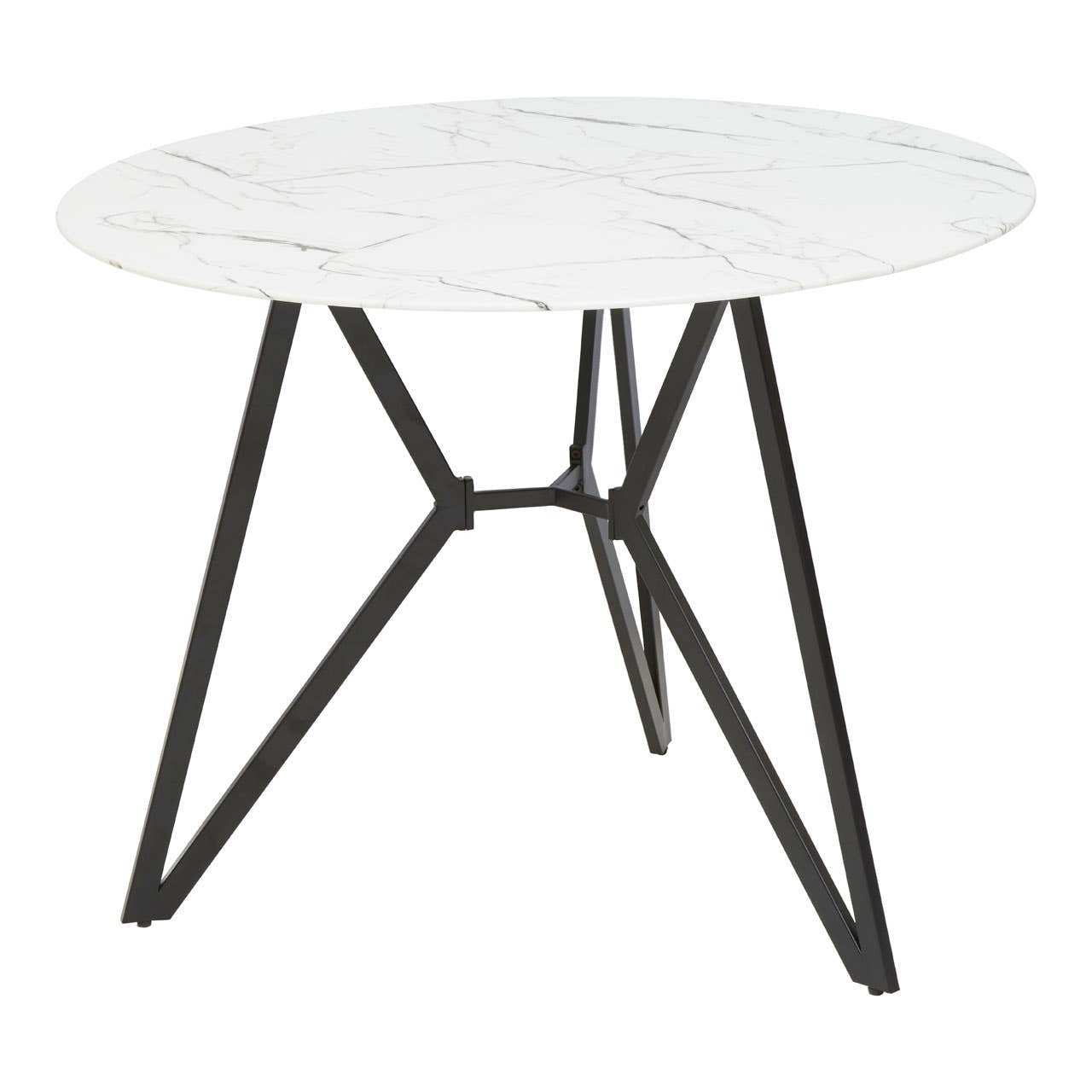Round dining table with a white marble effect top and a black metal base featuring angular legs, accompanied by six matching chairs with a sleek design