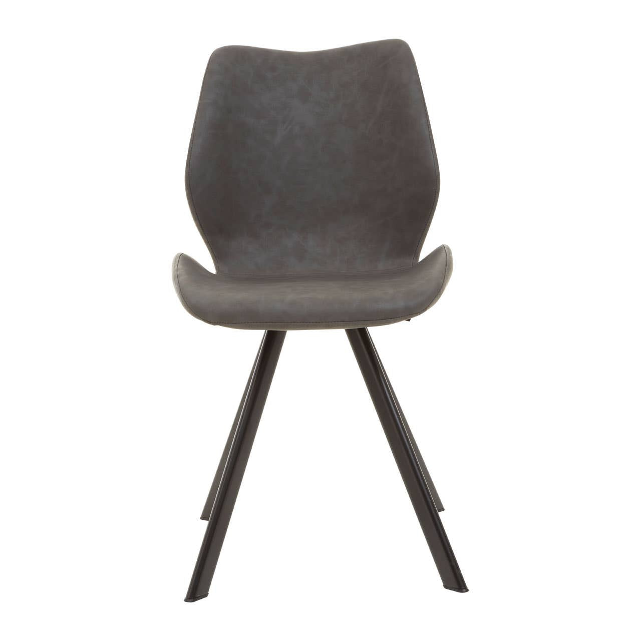 Round dining table with a marble effect top, surrounded by six modern chairs featuring a gray upholstered seat and wooden legs. The table and chairs are arranged in a bright, airy setting, highlighting their contemporary design