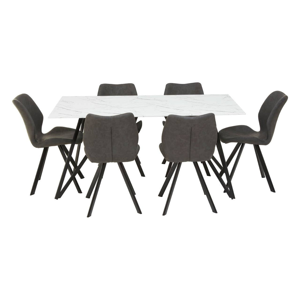 A rectangular dining table with a white marble effect surface is surrounded by six upholstered chairs in a dark gray fabric. The chairs feature a modern design with curved backs and are supported by black wooden legs. The overall arrangement showcases a stylish and contemporary dining set suitable for various home interiors