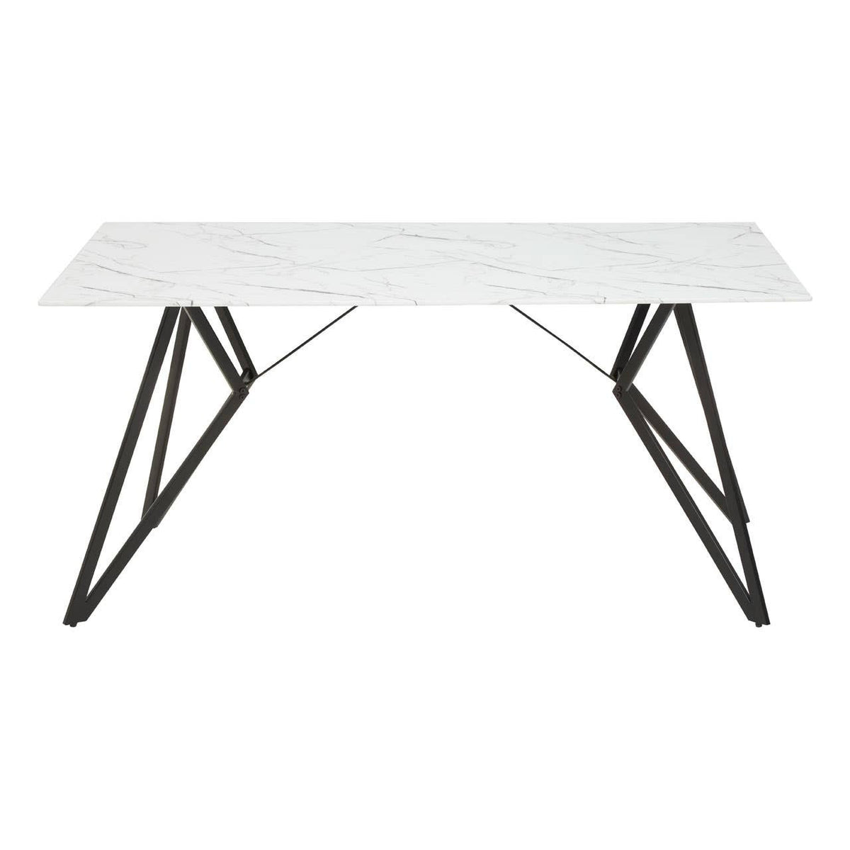 Weston marble effect dining table featuring a sleek white surface supported by modern black metal legs, accompanied by six matching chairs with a contemporary design