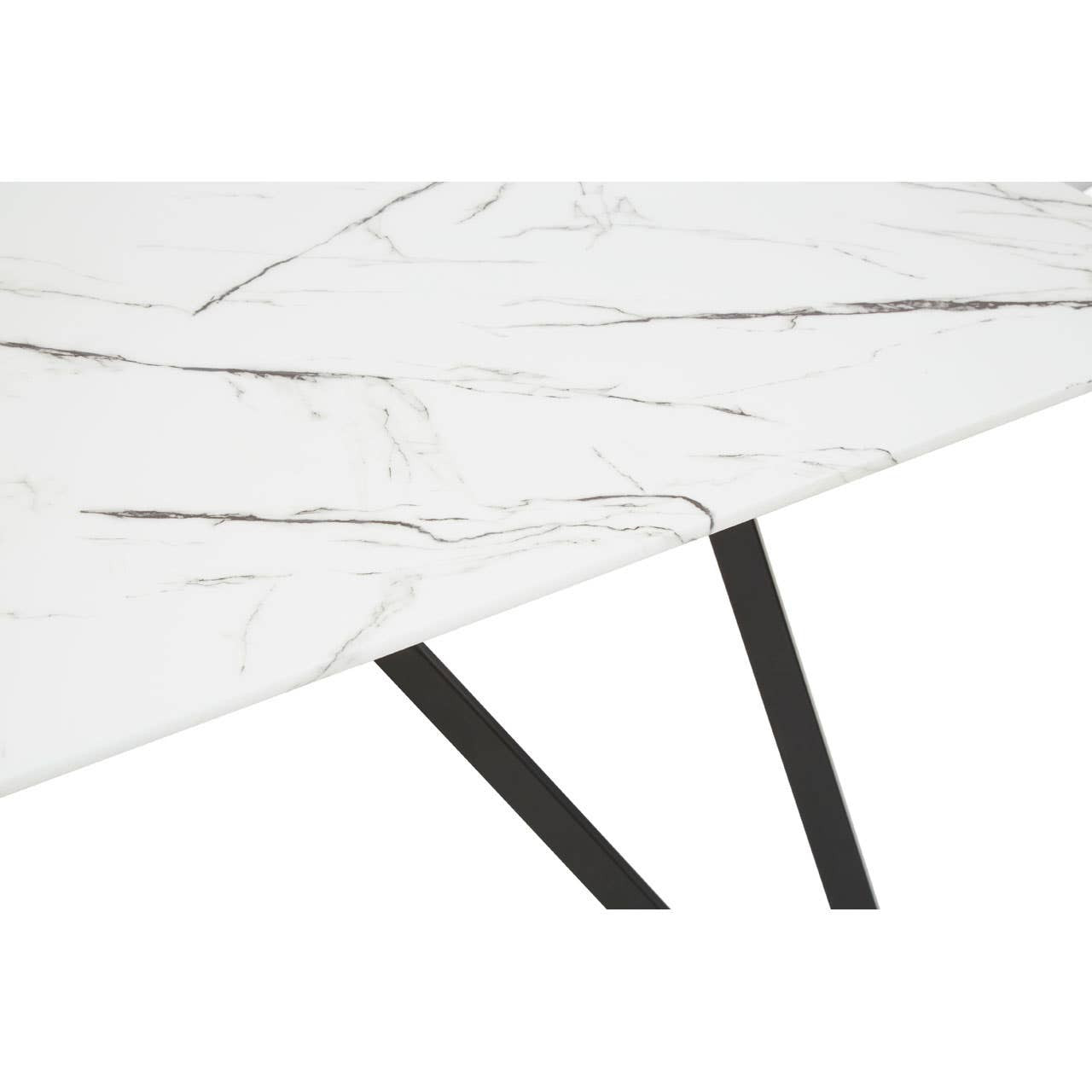 Marble effect dining table with a smooth white surface featuring gray veining, supported by sleek black metal legs. The design is modern and elegant, suitable for a dining area