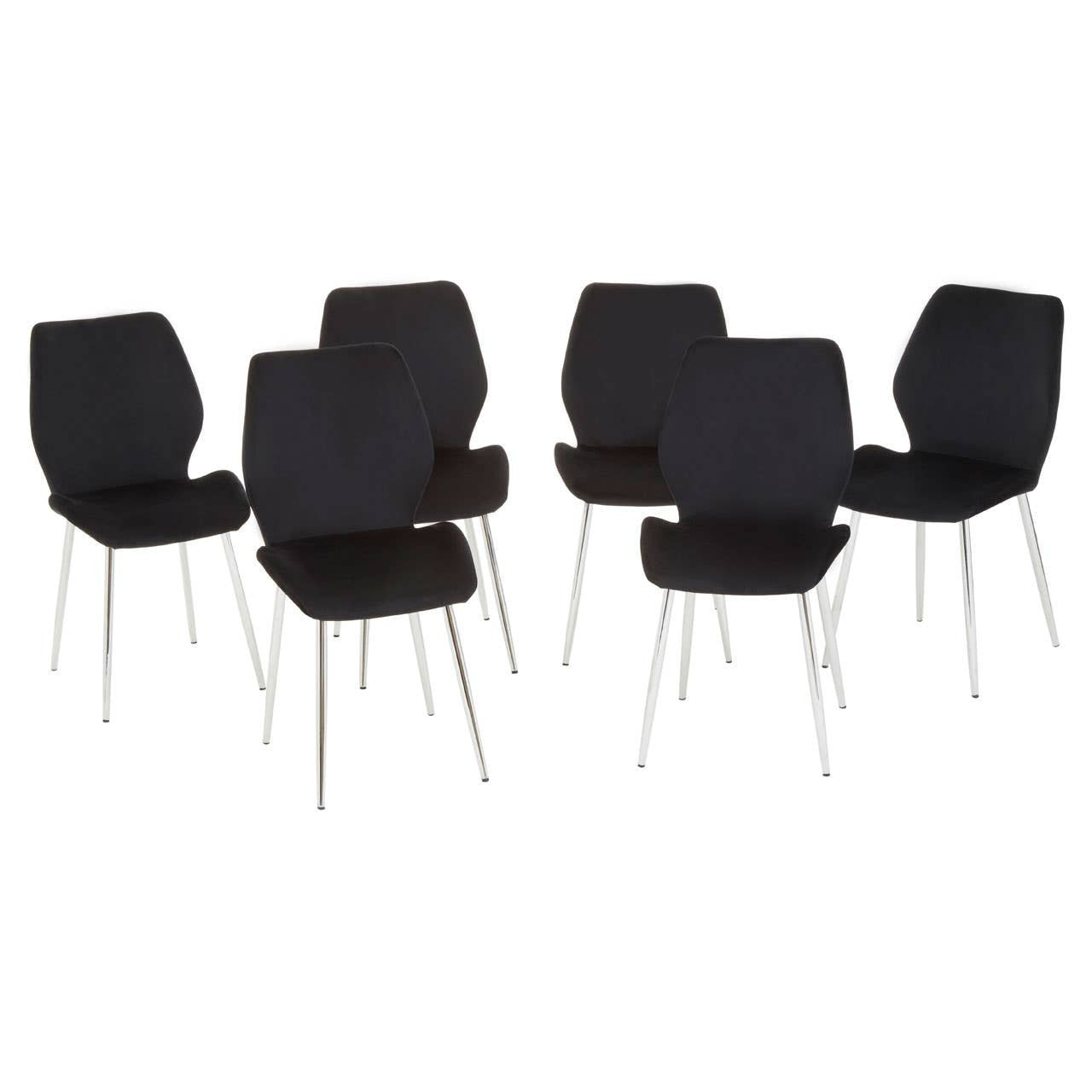 A sleek black tempered glass dining table accompanied by six modern black chairs with a minimalist design and slender metal legs, arranged around the table. The overall aesthetic is contemporary and elegant, suitable for a dining area