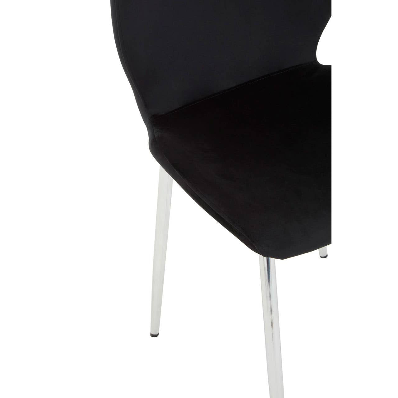 Black dining chair with a sleek, curved backrest and a soft seat, supported by slender metal legs. The chair's design is modern and minimalist, showcasing a contemporary aesthetic suitable for various dining spaces