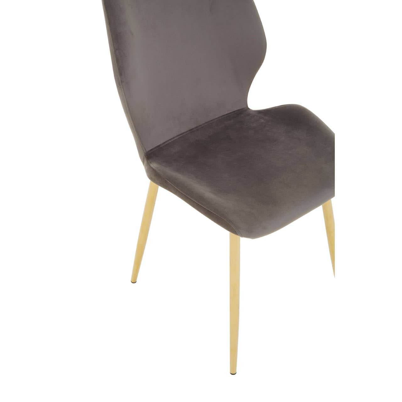 Smoked glass dining table with a sleek, modern design accompanied by six upholstered chairs featuring a curved back and gold metal legs. The chairs are upholstered in a soft, dark gray fabric, adding a touch of elegance to the set