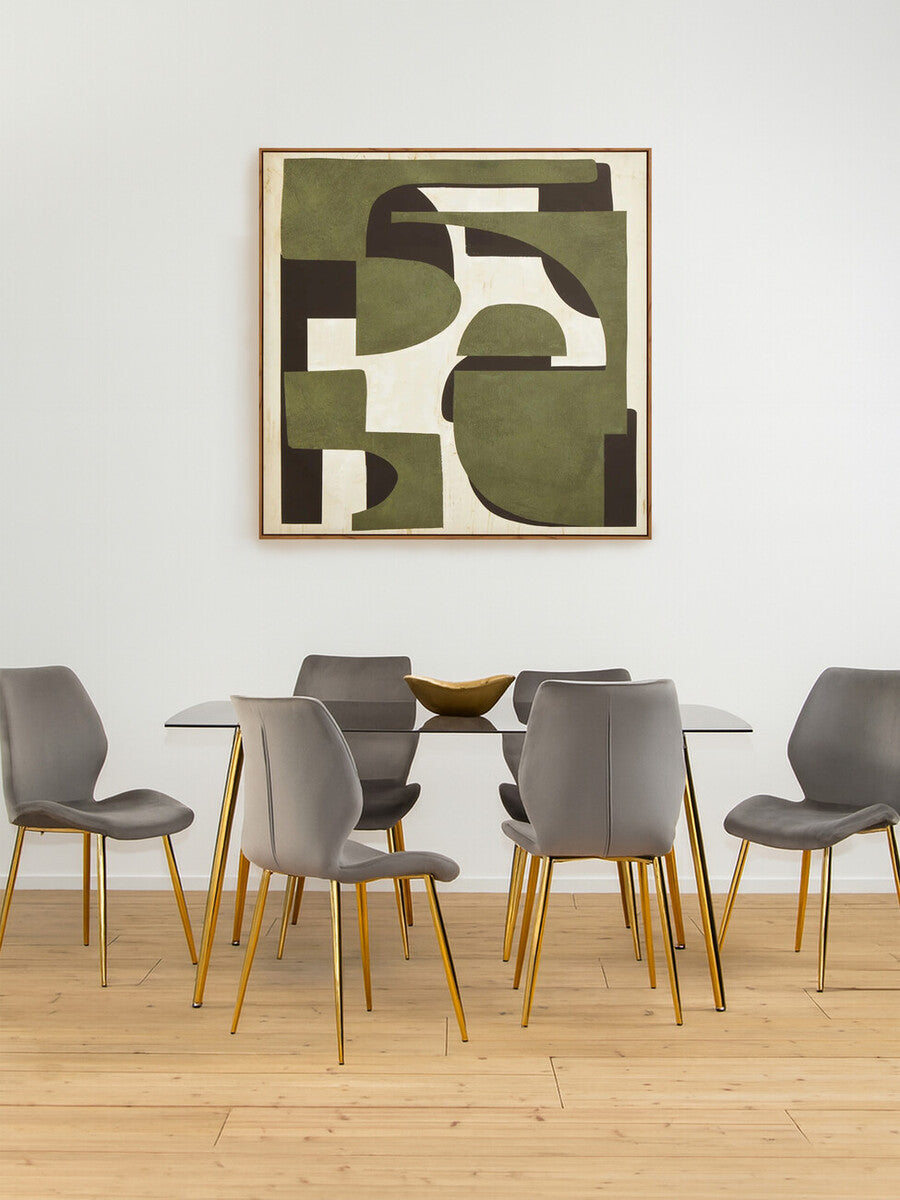 Smoked glass dining table surrounded by six modern gray chairs with wooden legs, set against a light-colored wall featuring an abstract artwork in earthy tones. The floor is a warm wooden finish, creating a cozy dining atmosphere