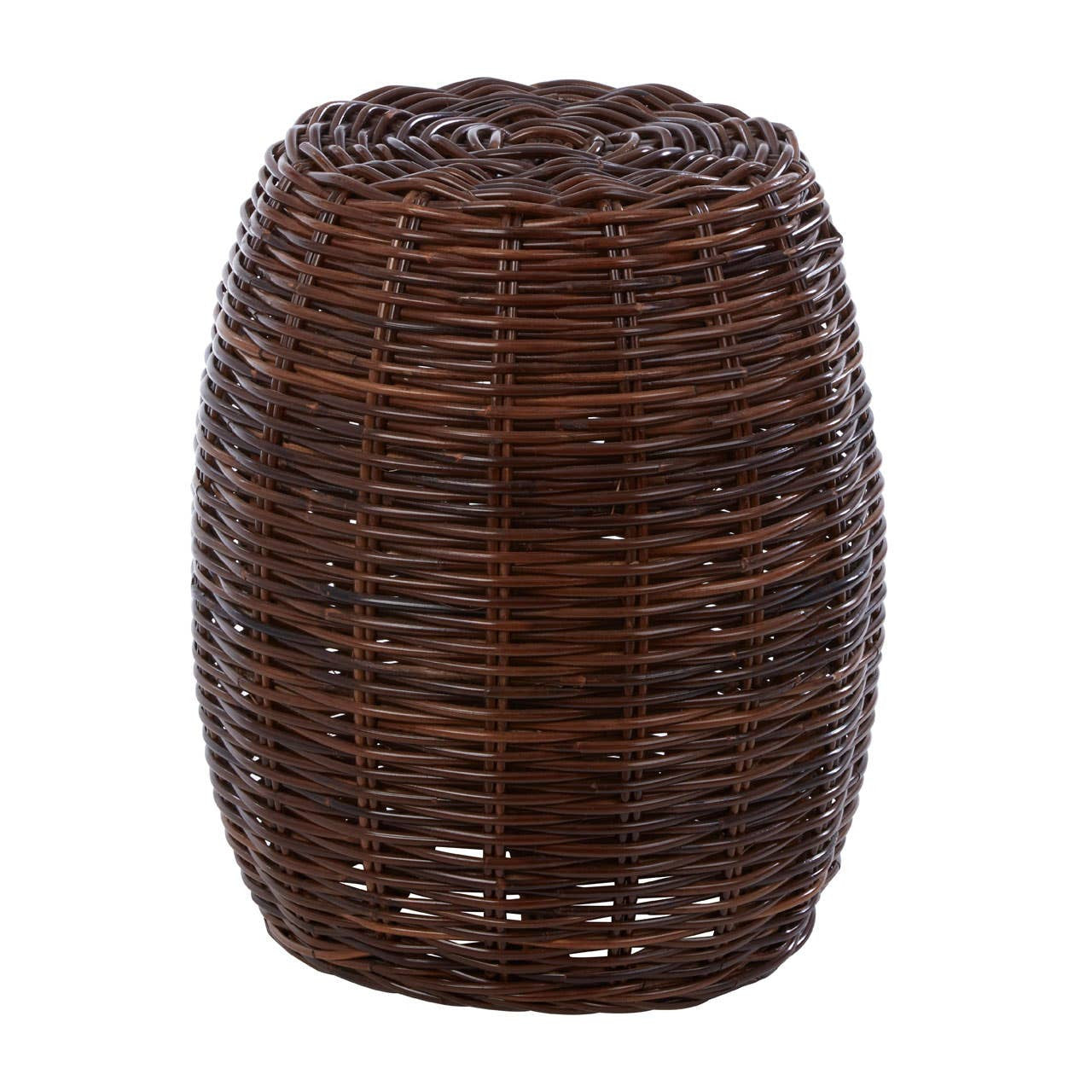 A cylindrical stool made from natural croco rattan, featuring a woven texture in rich brown tones, with an open design that allows light to pass through. The top is slightly rounded, and the overall shape is smooth and tapered towards the base