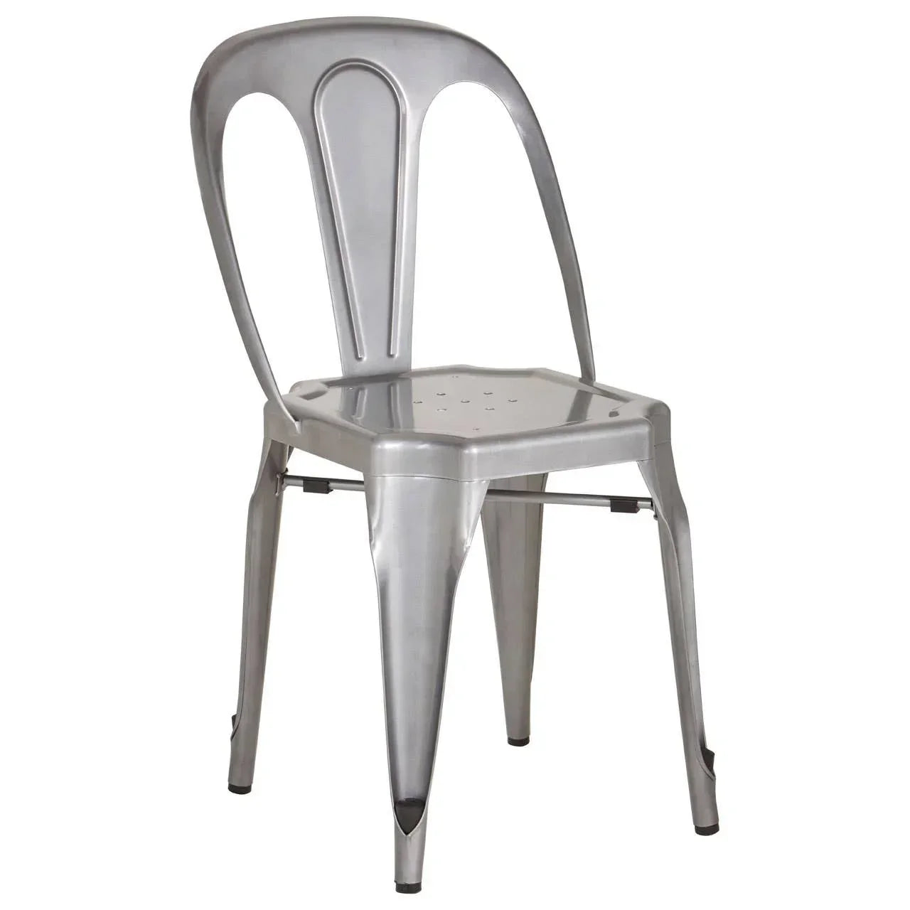 Metal dining chair with curved backrest and tapered legs, industrial finish