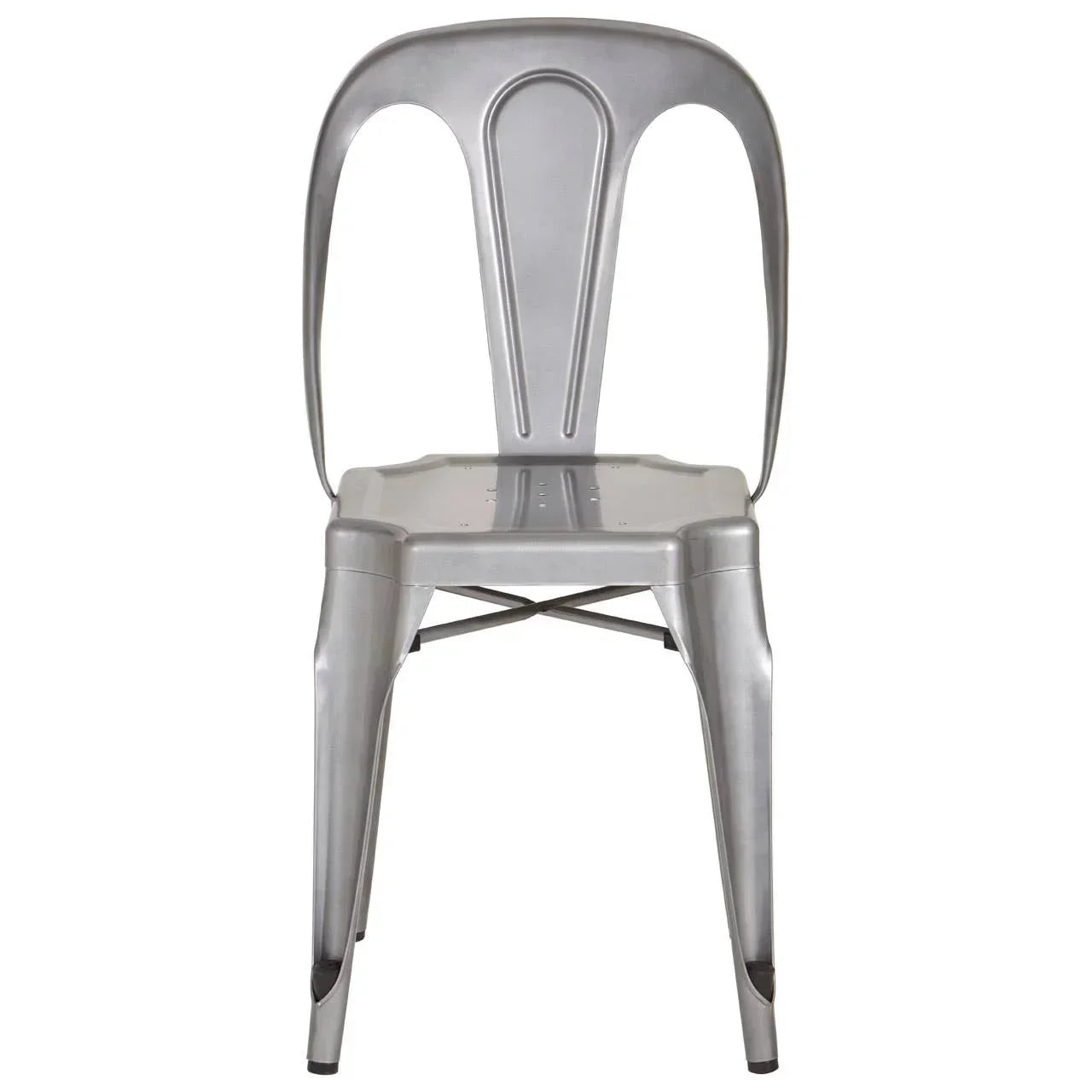 Metal dining chair with industrial style and silver finish, front view