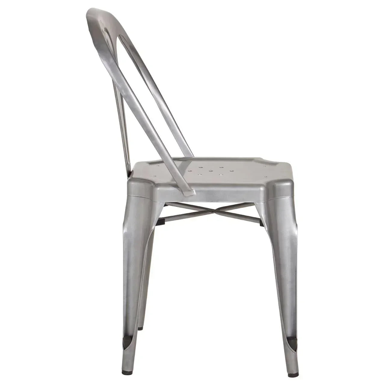 silver metal dining chair side view with industrial style and cross brace support