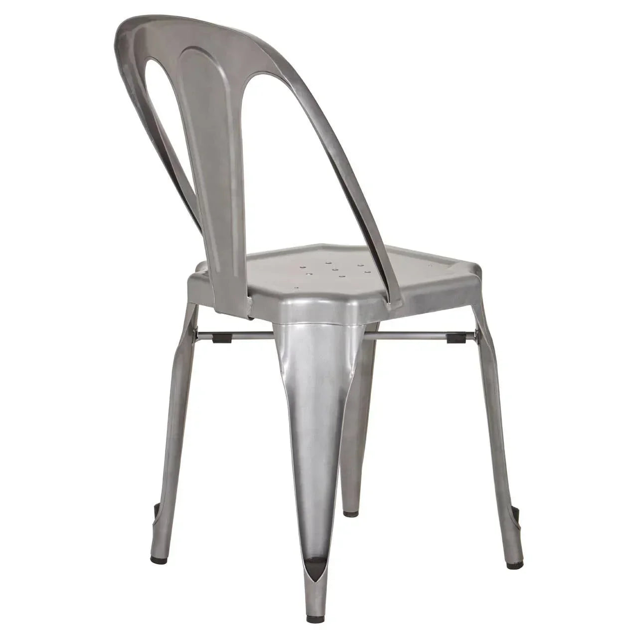 Industrial metal dining chair with silver finish shown from rear angle