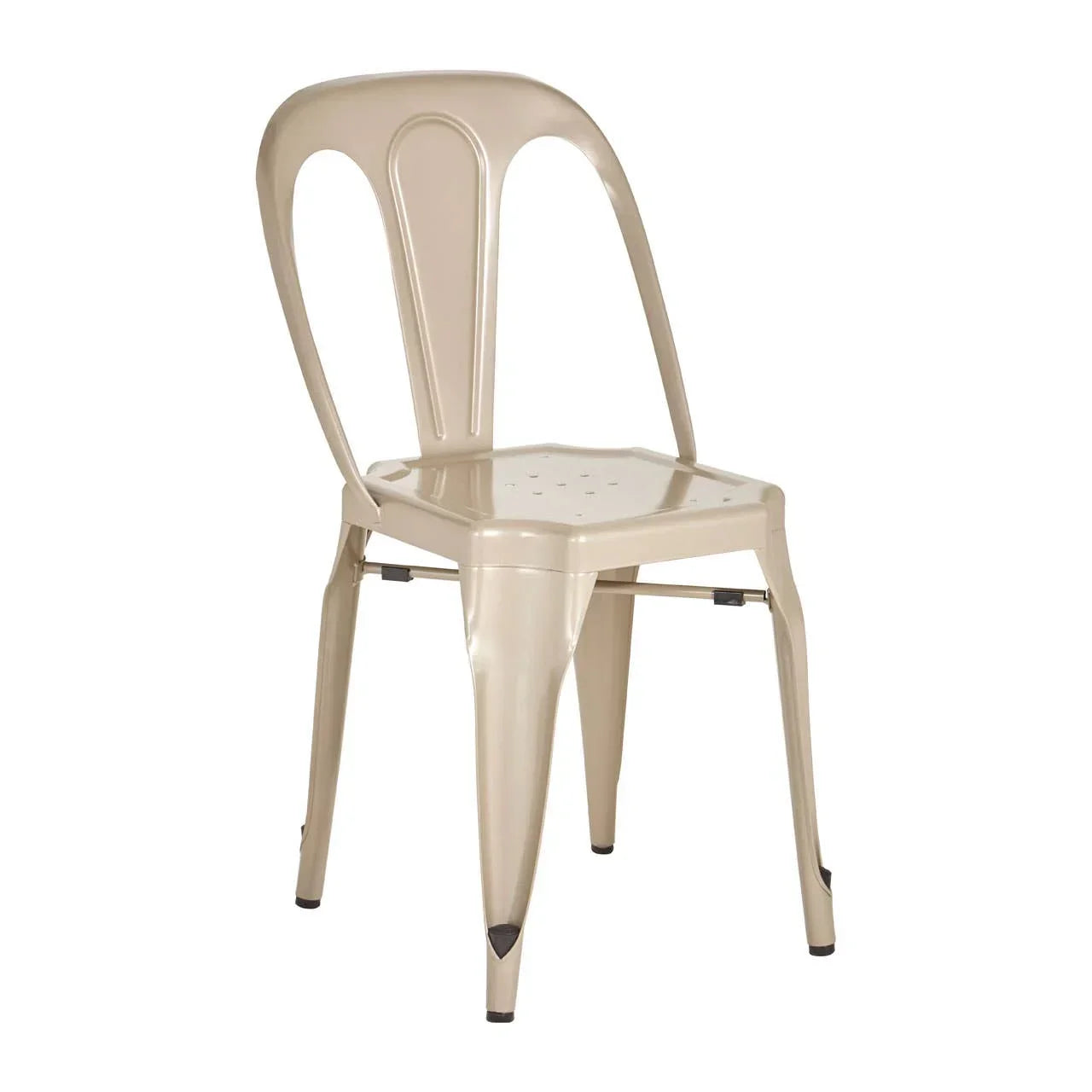 Beige metal dining chair with curved backrest and perforated seat, side angle view