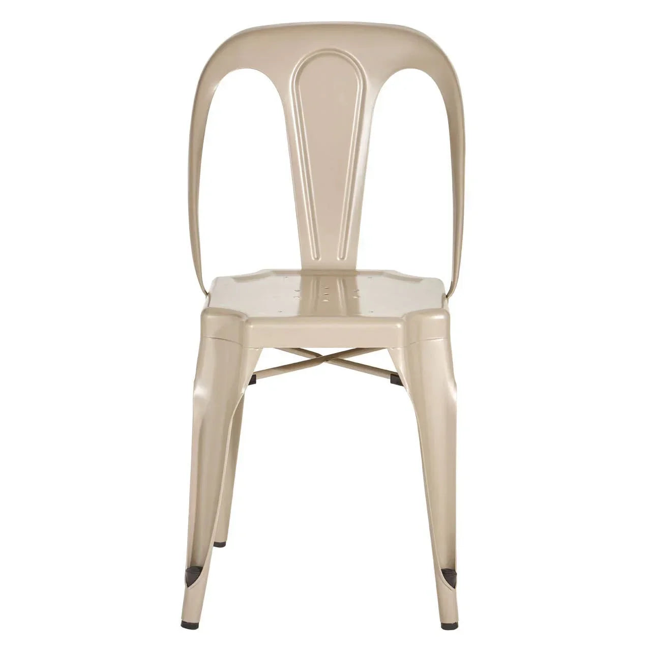 Beige metal dining chair with curved backrest and cross brace, front view