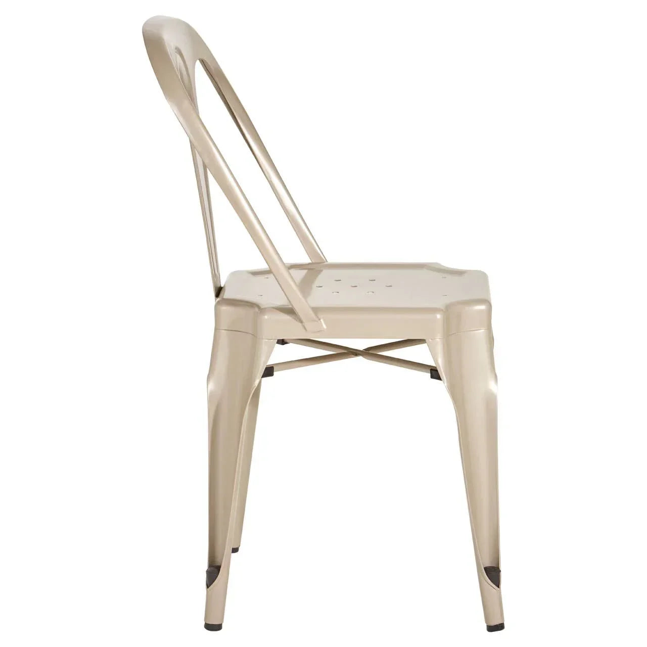 Beige metal dining chair side view with curved backrest and cross brace design