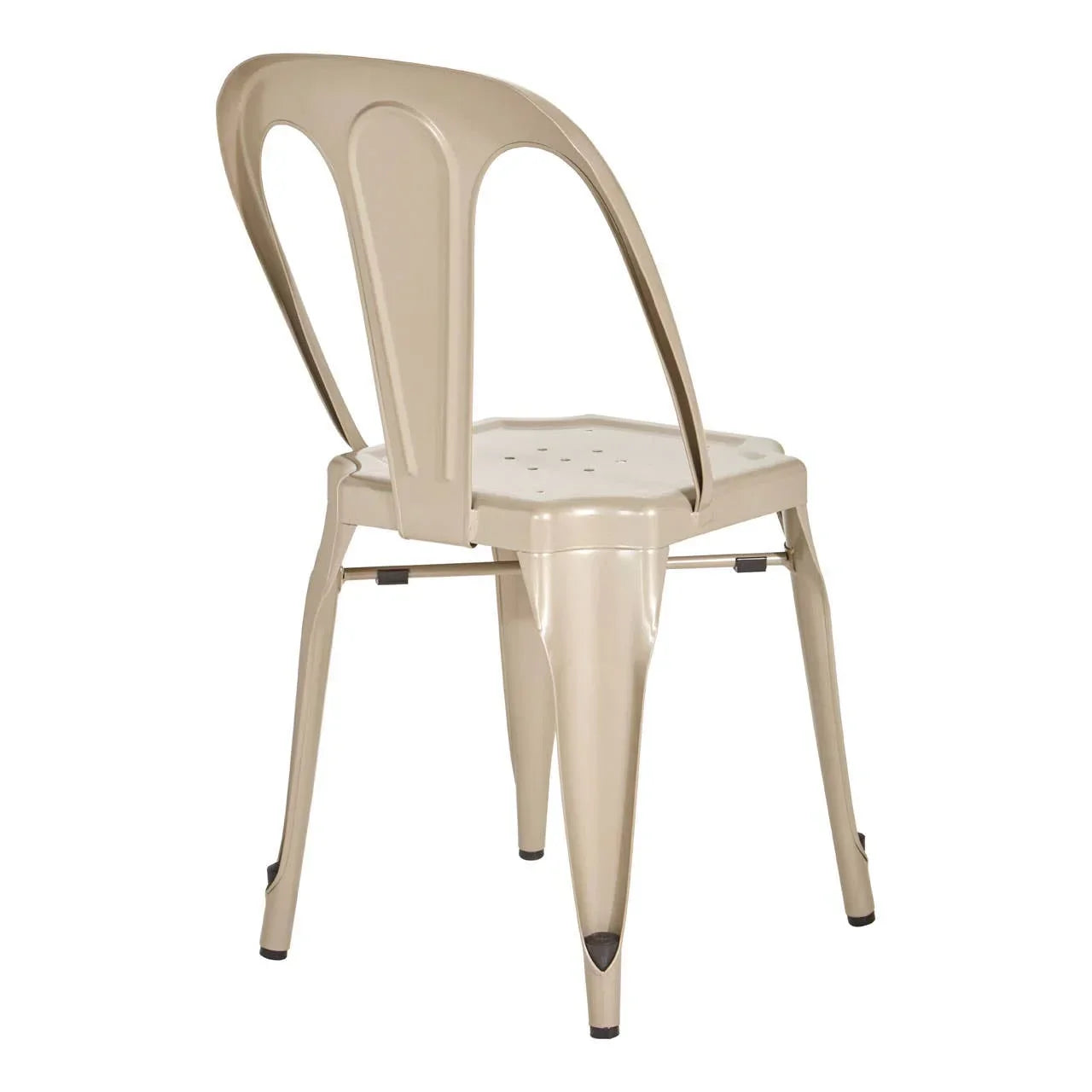 Beige metal dining chair rear angle with curved back and perforated seat