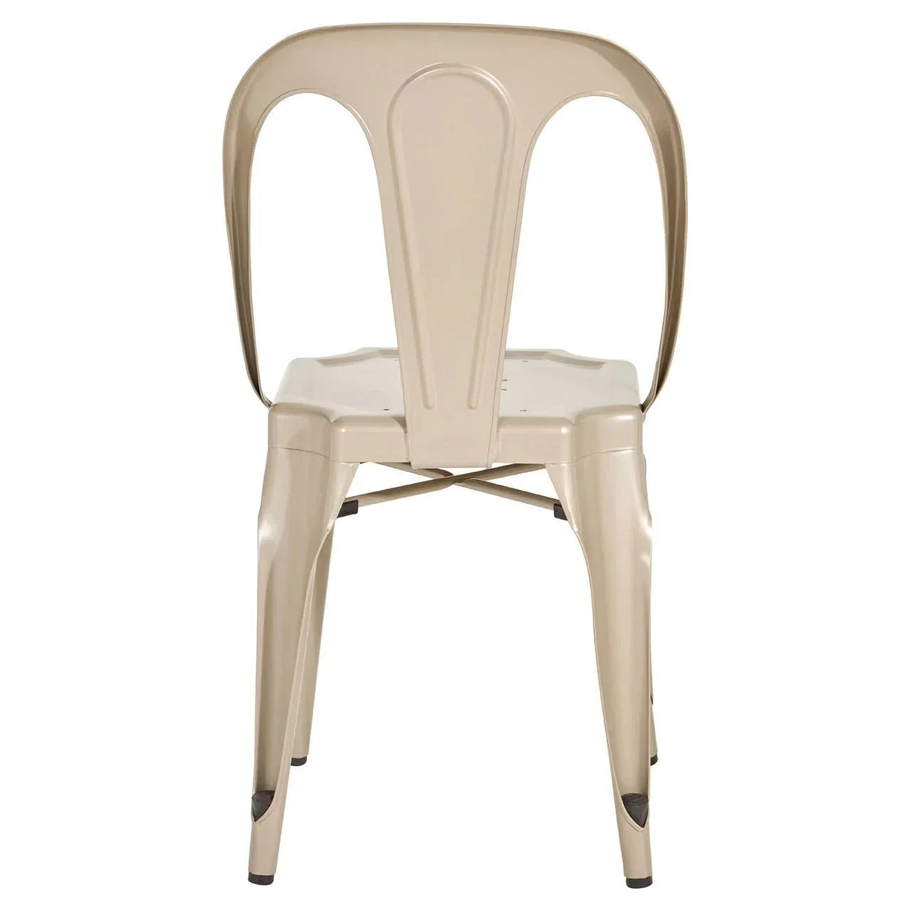 Beige metal dining chair rear view with curved backrest and crossbar support