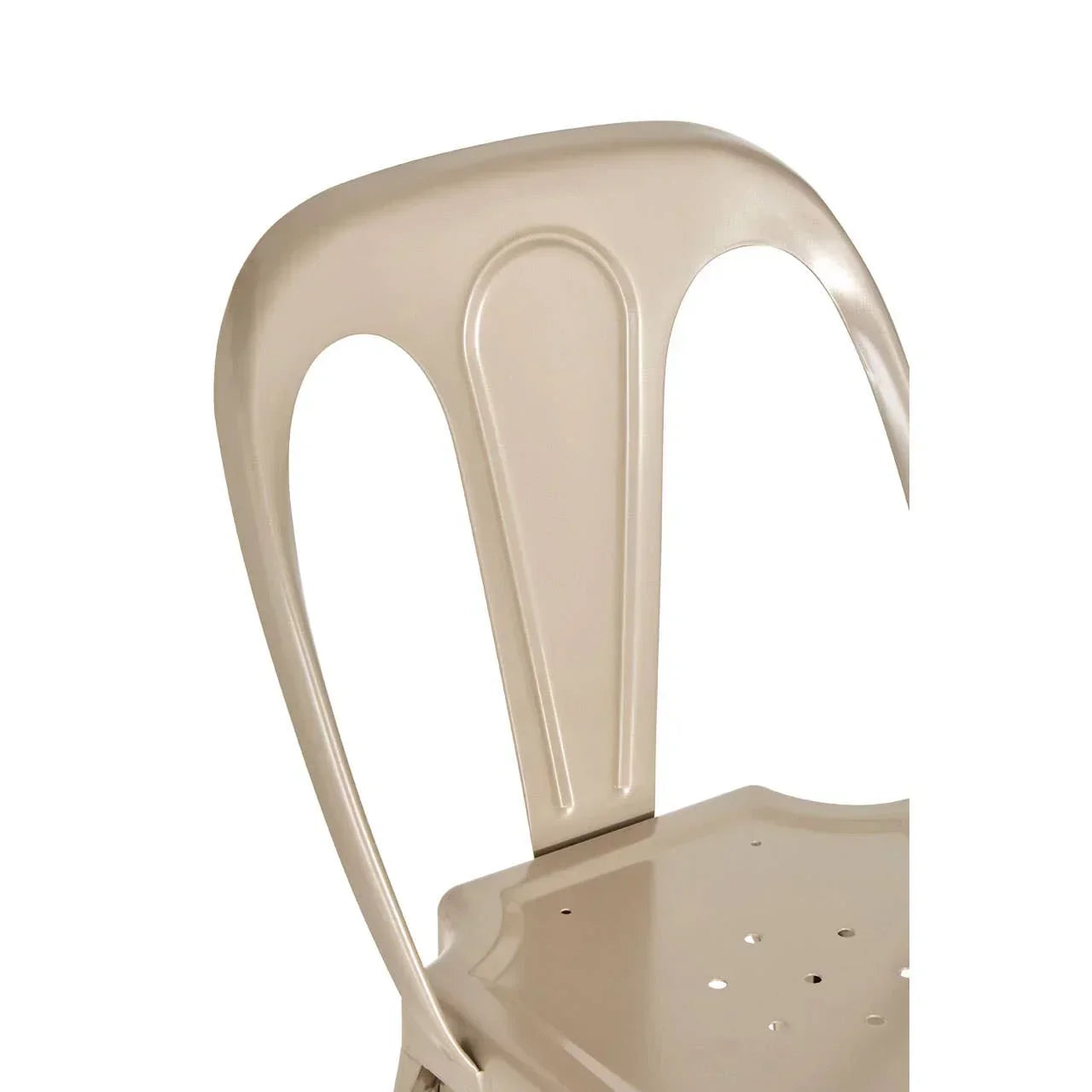 Beige metal dining chair with curved backrest and perforated seat, close-up view