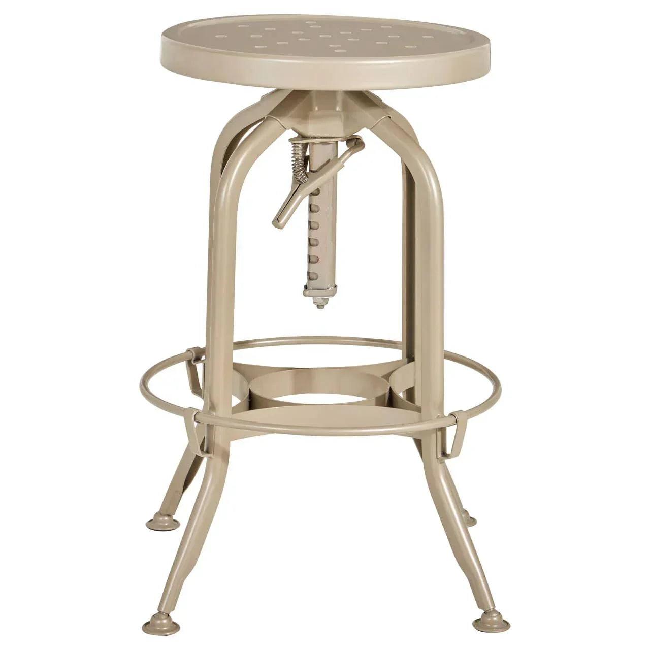 Beige metal bar stool with round adjustable seat and footrest ring