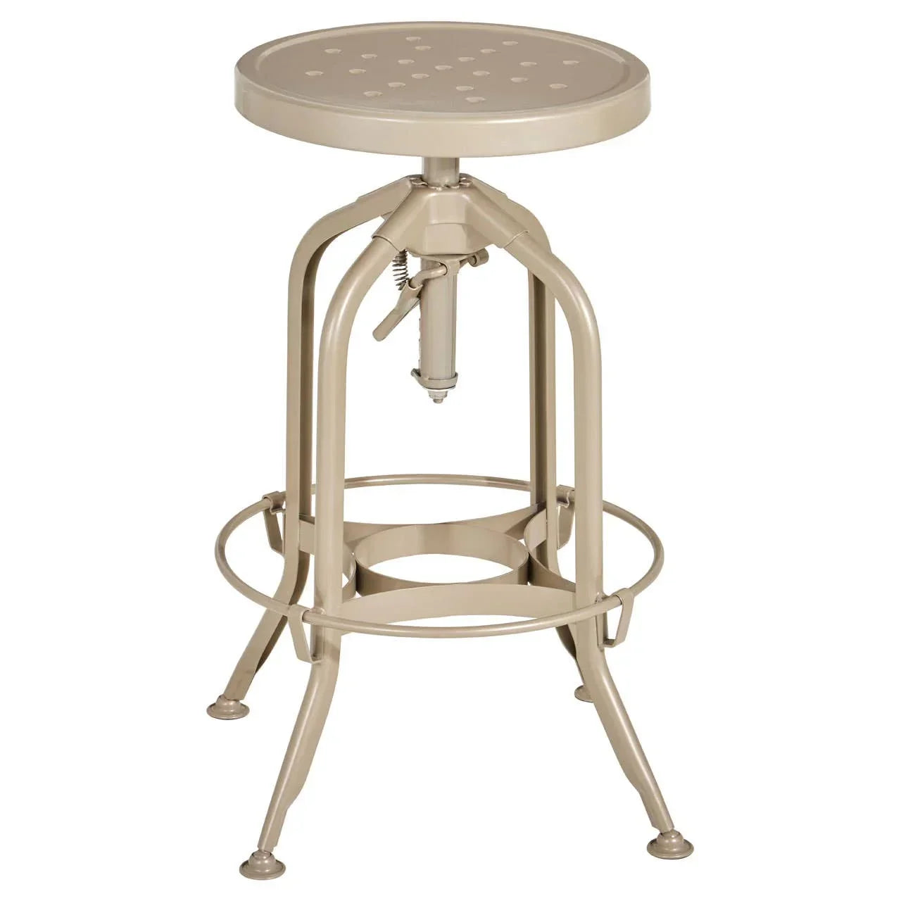 Beige metal bar stool with round perforated seat and adjustable height mechanism