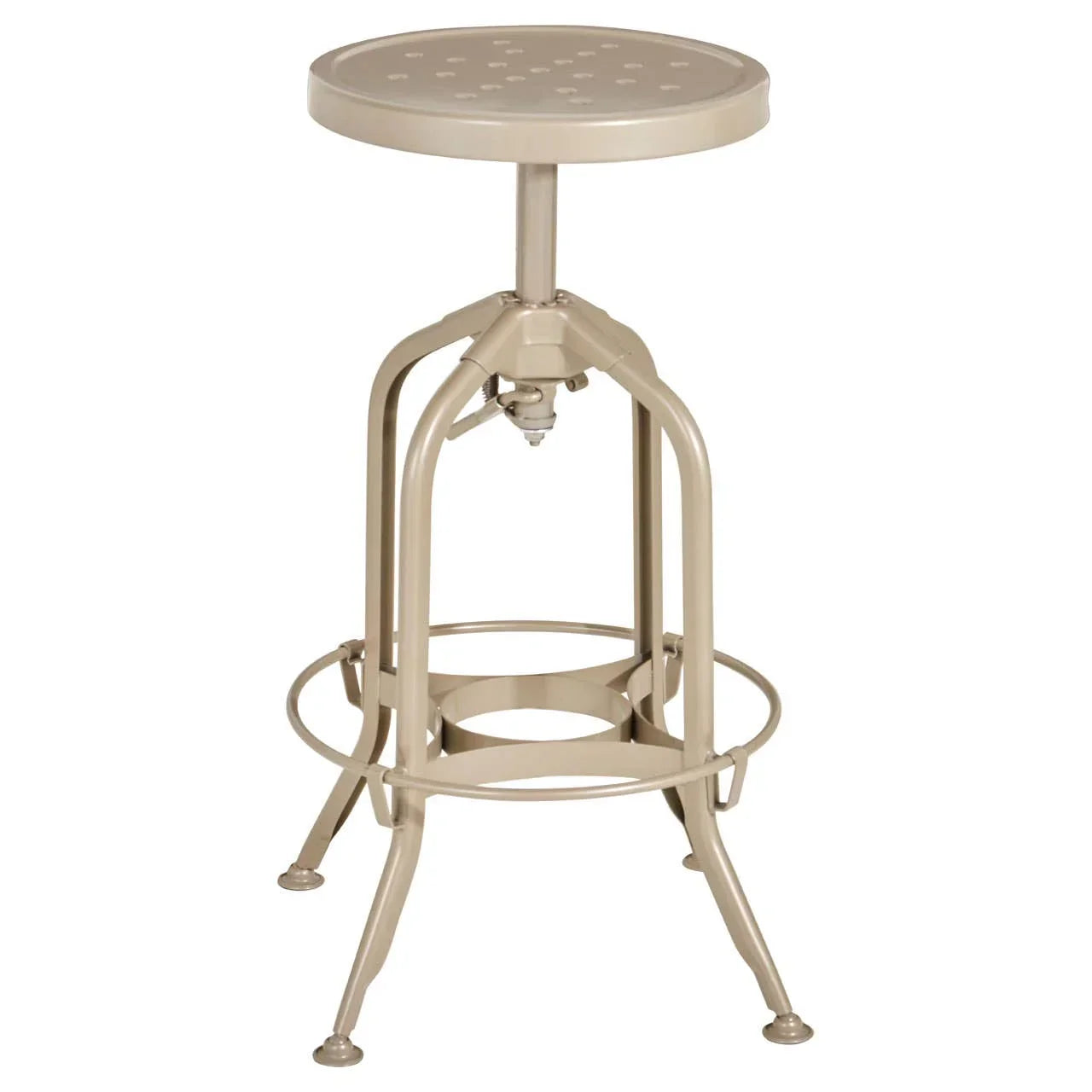 Beige metal adjustable bar stool with round perforated seat and footrest