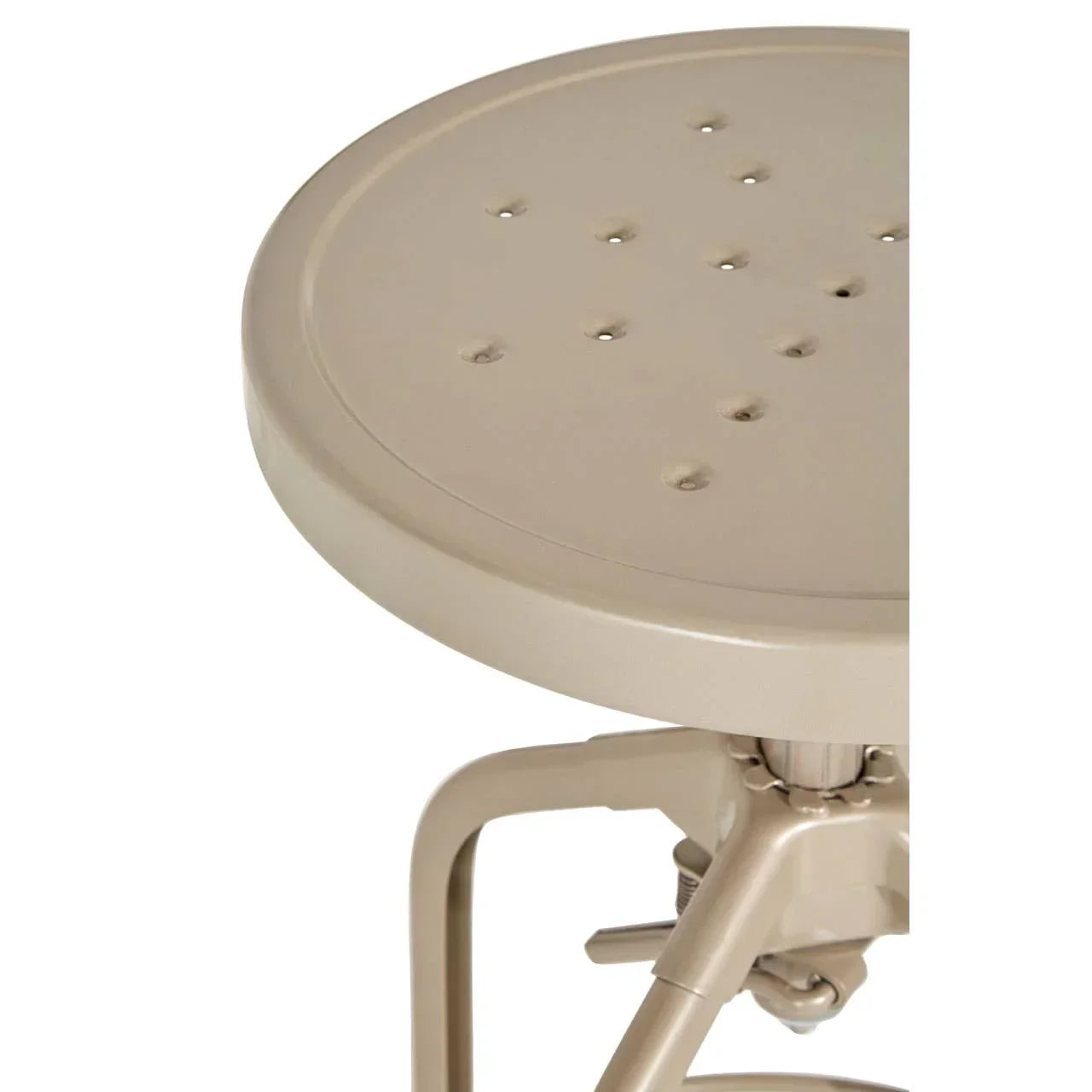 Beige metal bar stool seat with perforated holes and visible height adjustment mechanism