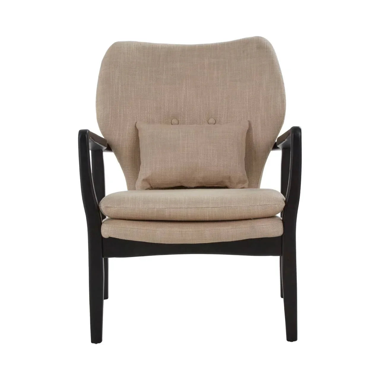 Beige upholstered accent chair with black wooden frame and matching lumbar cushion front view