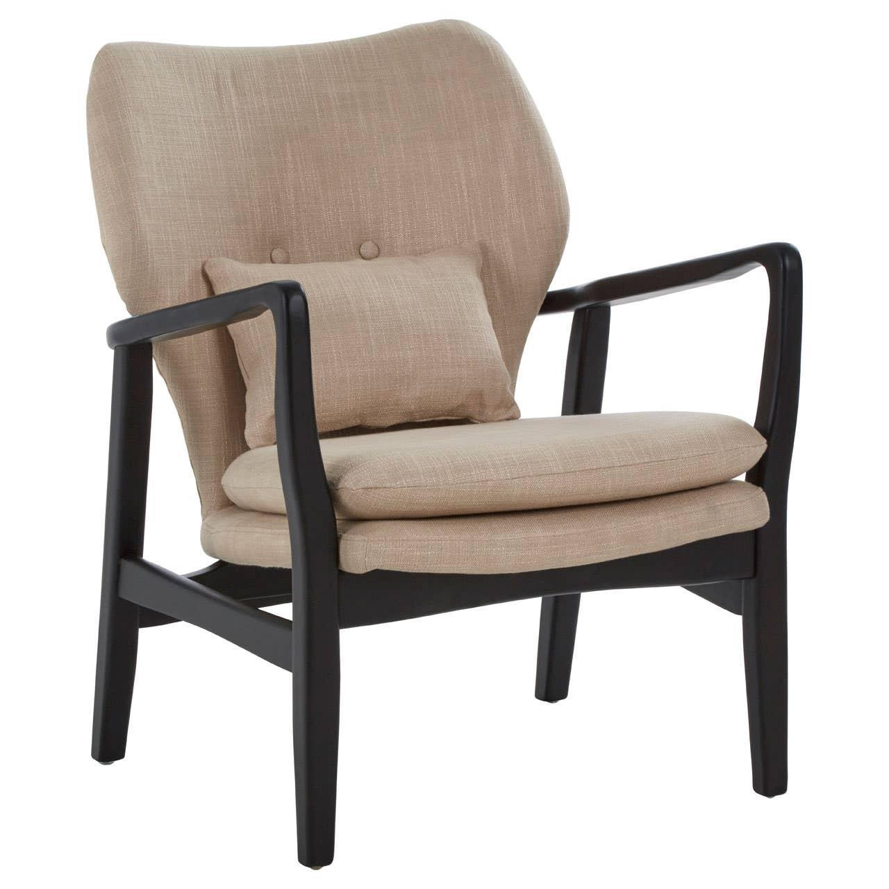 Beige fabric armchair with black wooden frame and matching cushion, front angle view