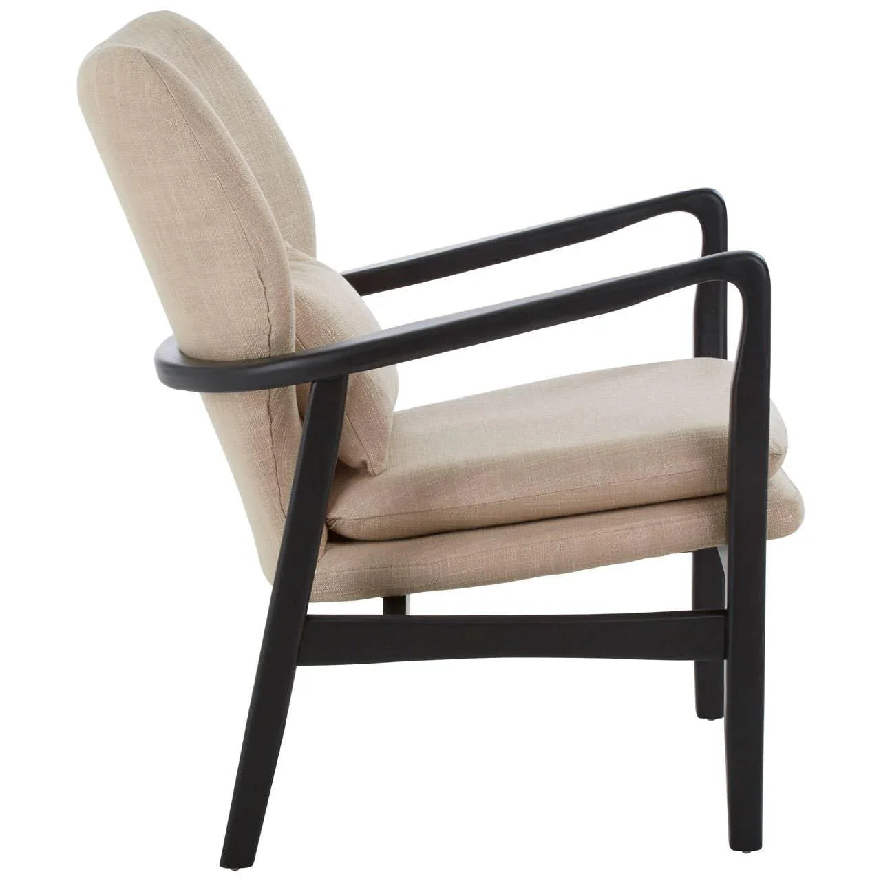 Beige armchair with cushioned seat and curved black wooden frame side view