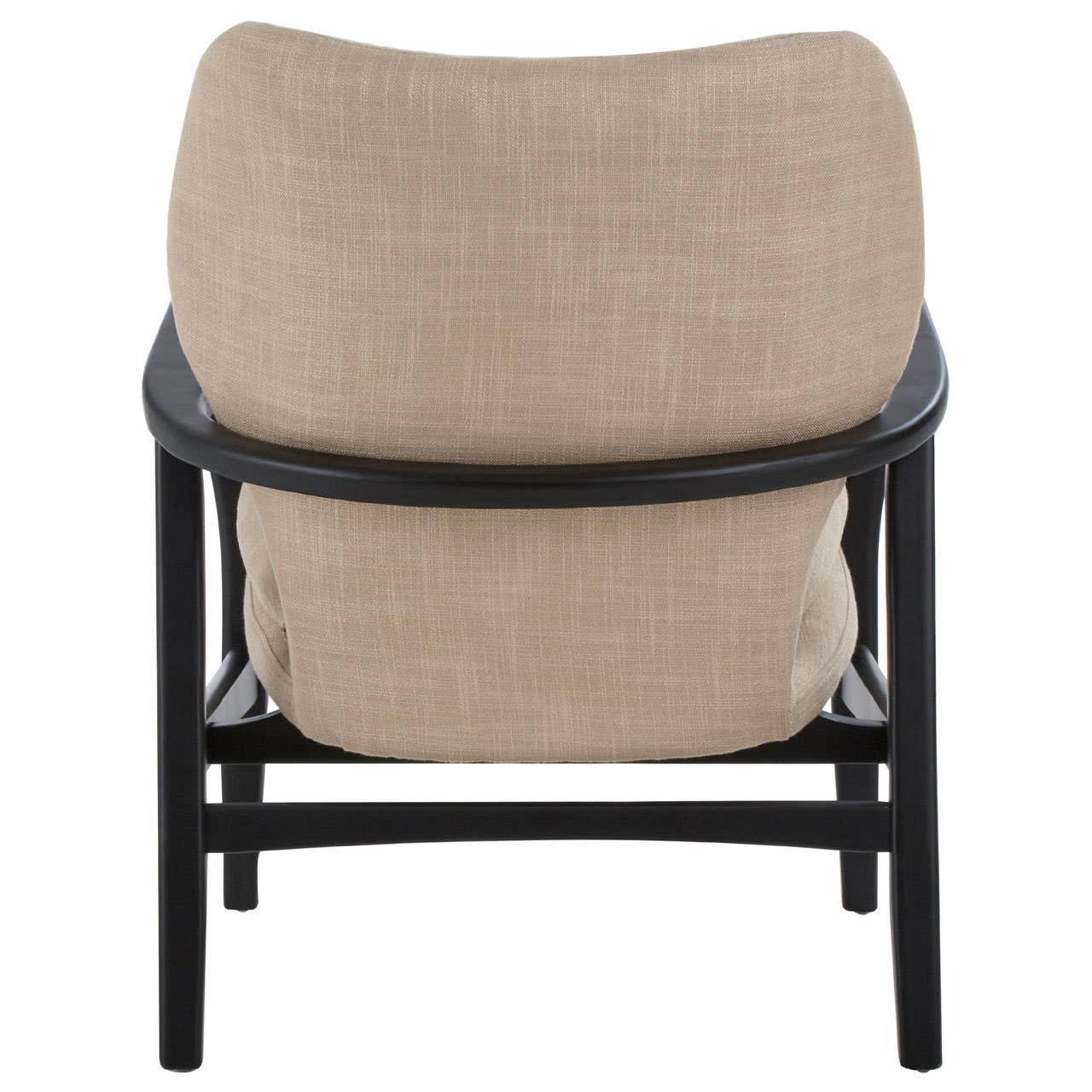 Beige upholstered accent chair with curved black wooden frame, rear view