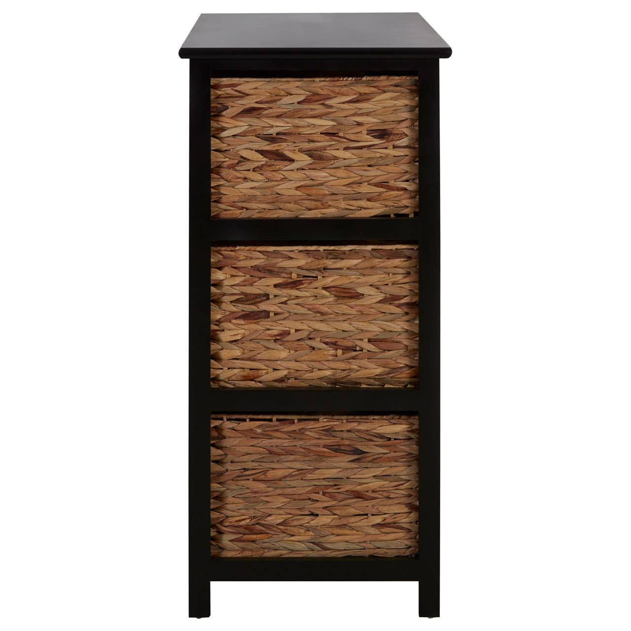 Tall black storage unit featuring six woven water hyacinth drawers. The drawers are arranged in three pairs, providing a natural texture contrast against the sleek black frame. The top surface is flat and suitable for decorative items or additional storage