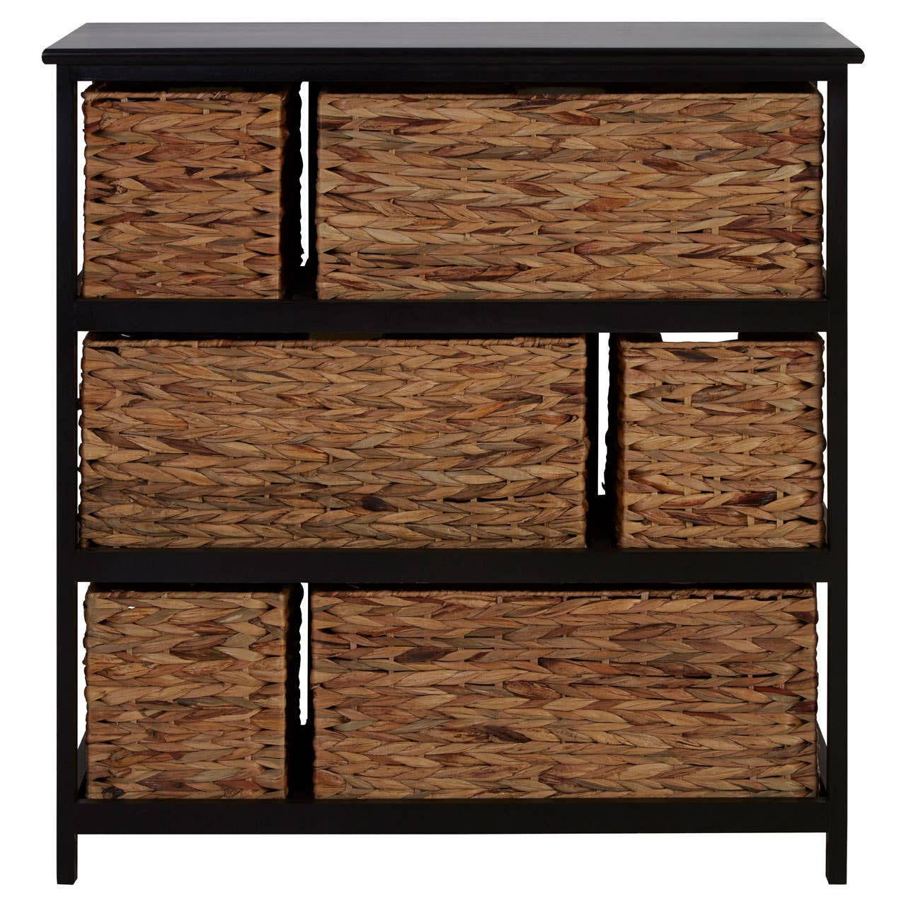 Black storage unit featuring six woven water hyacinth drawers arranged in a modern design. The drawers have a natural texture and are set against a sleek black frame, providing a stylish contrast. The unit is elevated on four legs, adding a contemporary touch to home decor